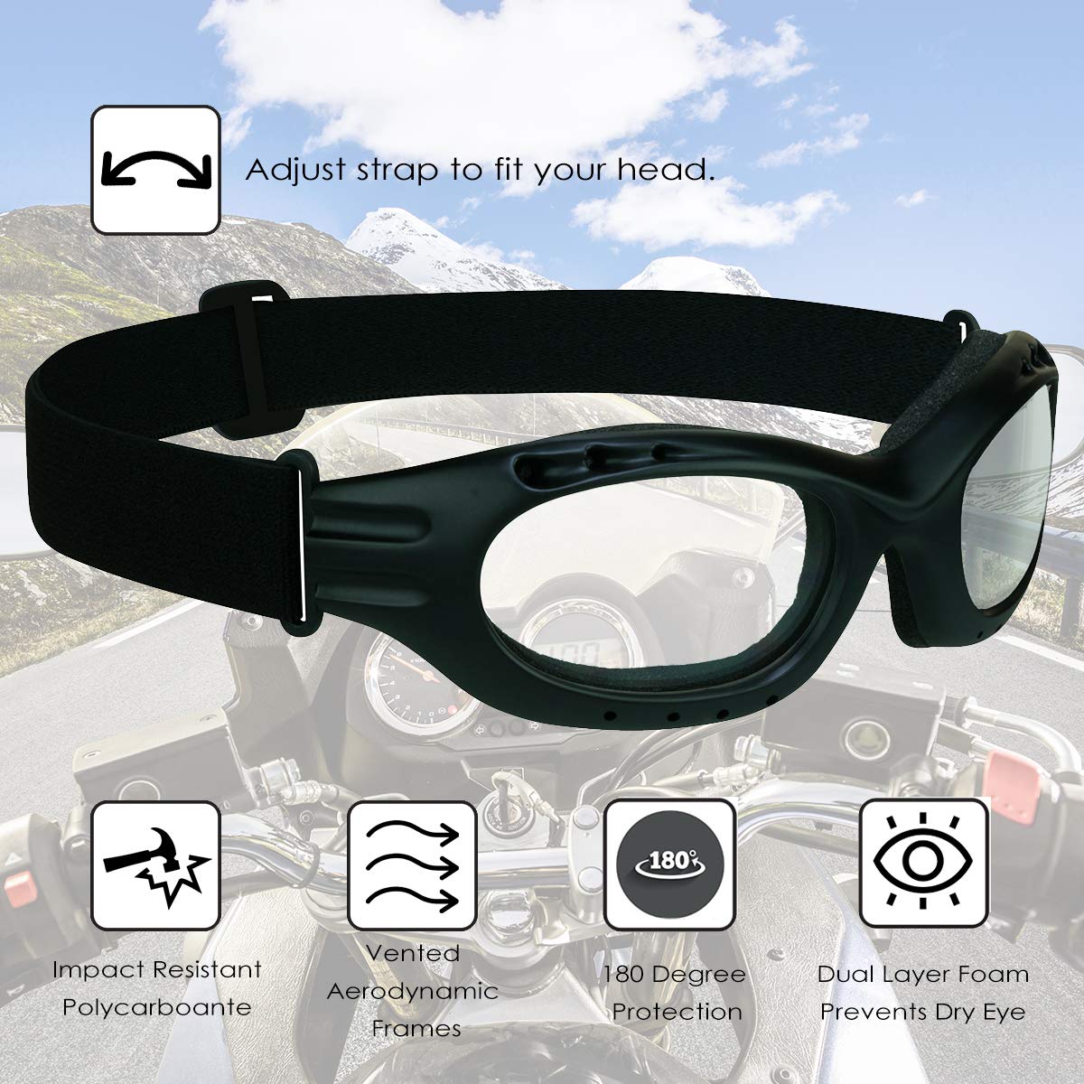 Bikershades Motorcycle Goggles Sunglasses Clear & Night Yellow Foam Cushion Adjustable Strap Ski Sky Diving