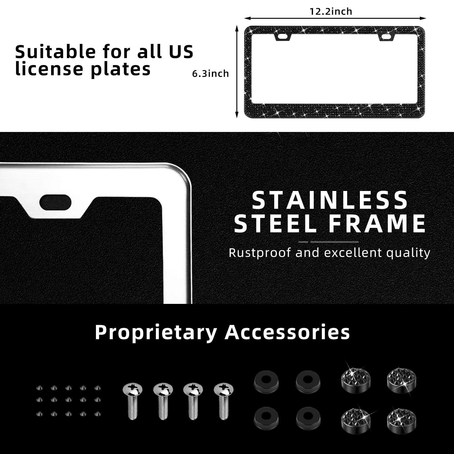 OKLPF Bling License Plate Frame for Women - 2PCS Sparkly Black Frames with 1200+ Bedazzled Rhinestones, Model OK0525, Free Glitter Box