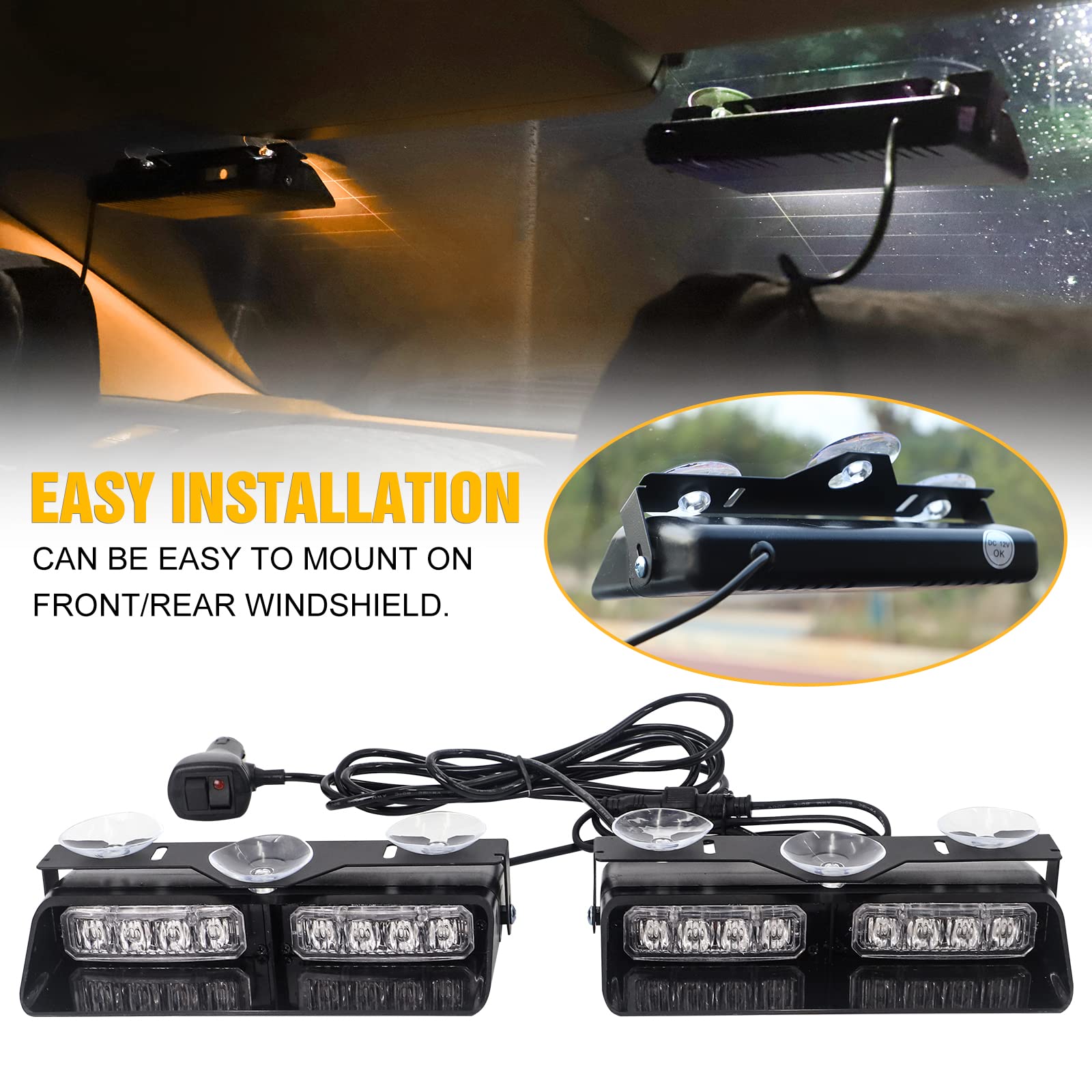 XRIDONSEN 2 in 1 Emergency Dash Strobe Lights - Amber/White, 16 LED, 2×7.16 inch, Suction Cup Mount for Trucks and Construction Vehicles