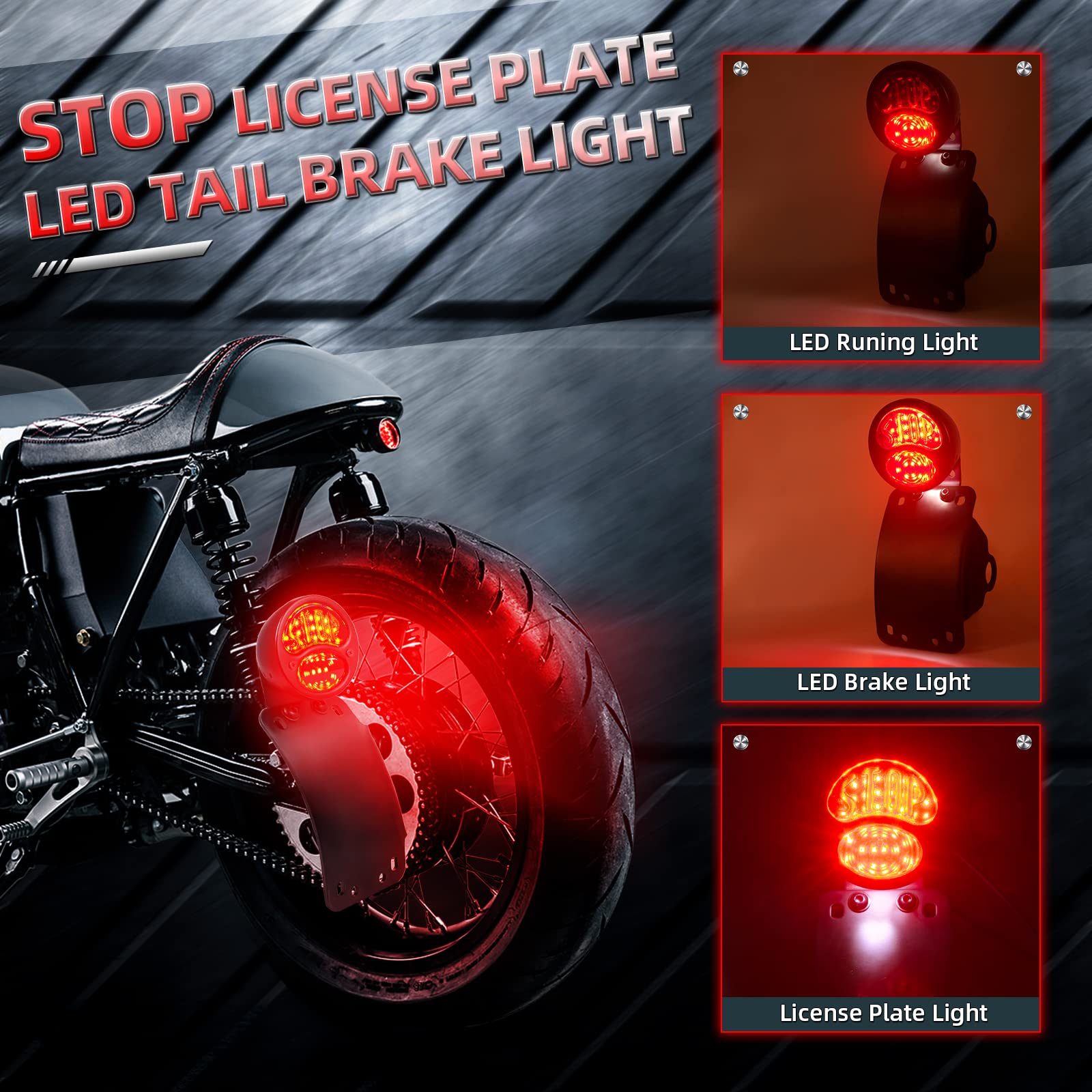 Amazicha STOP LED Tail Rear Light 3/4'' Curved Side Mount License Plate Bracket Brake Light Compatible for Harley Honda Yamaha S
