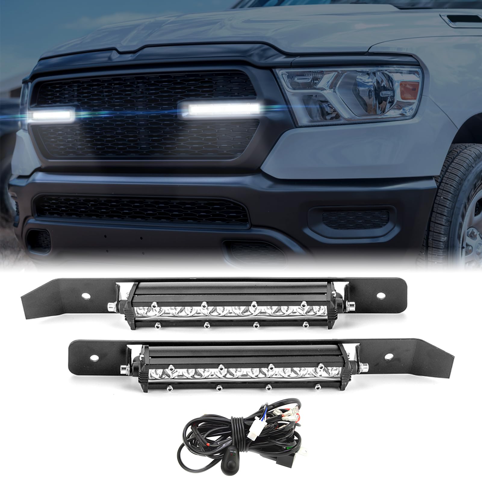 WeiSen Recessed LED Grille Light Bar Kit w/2pcs 6in Slim Single Row Straight Light Bar Compatible with Dodge Ram 1500 2019-2024 
