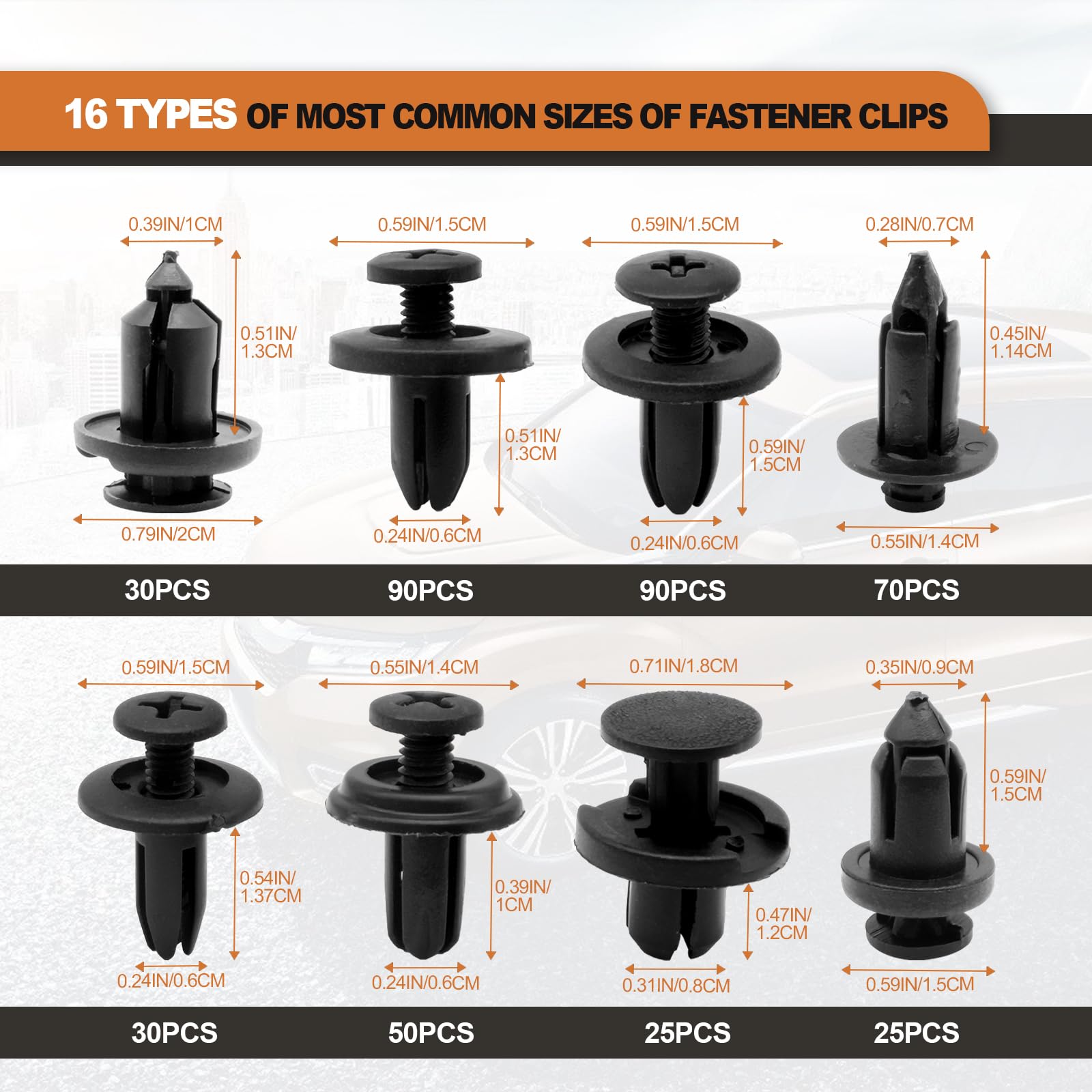 635PCS Auto Fasteners Car Push Retainer Clips Nylon Bumper Fender Rivets, 16 Most Popular Sizes with 10 Cable Ties Fasteners and