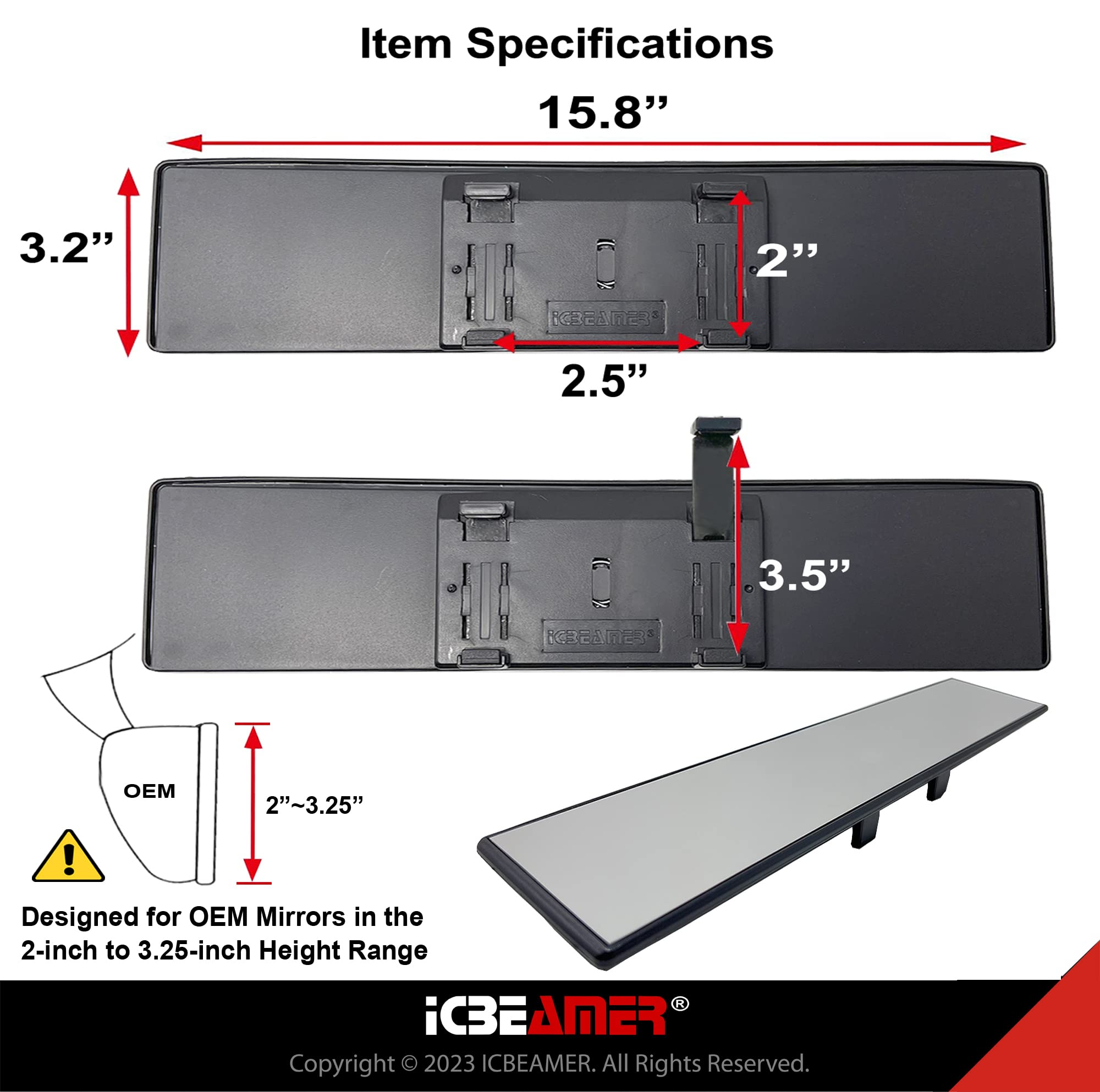 Icbeamer 158 400Mm Easy Clip On Universal Fit Wide Angle Panoramic Auto Interior Rearview Mirror Flat Clear Surface