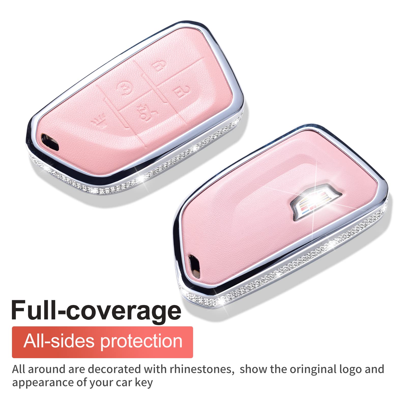 Ruabiban For 2021 Cadillac Escalade Key Fob Cover With Keychain, Pink Genuine Leather Crystal Key Case Protection Shell Compatib