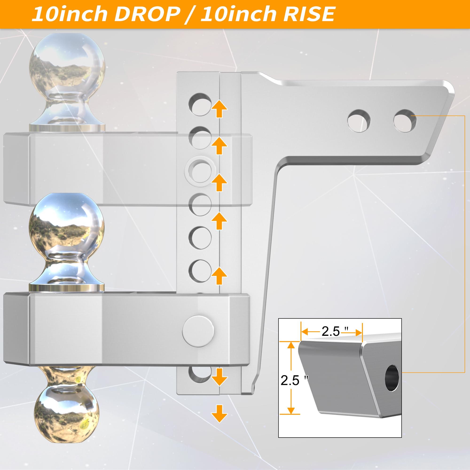 Locame Adjustable Trailer Hitch, Fits 2.5-Inch Receiver Only, 8-Inch Drop/Rise Aluminum Drop Hitch, 18,500 Lbs Gtw-Tow Hitch For