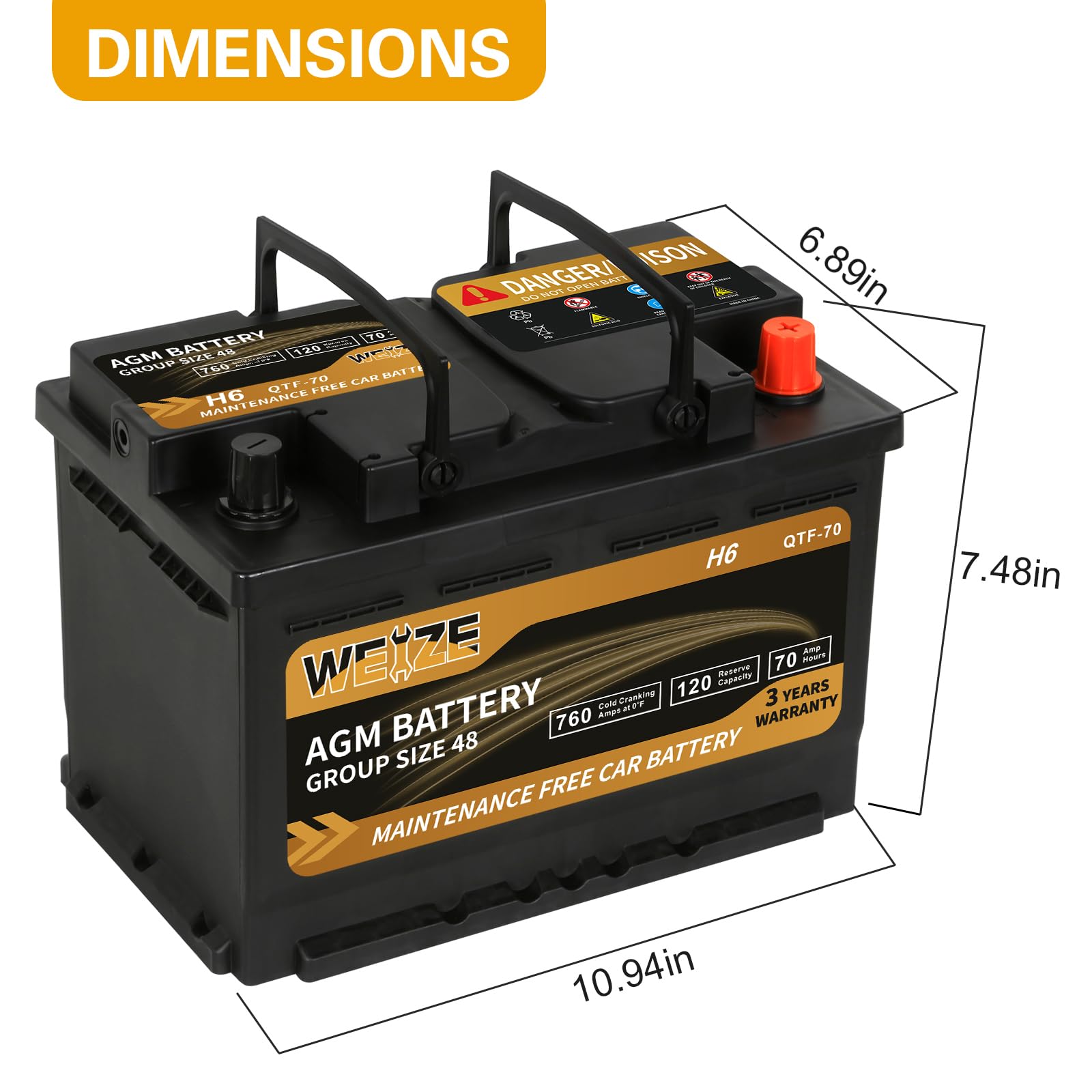 Weize Platinum Agm Battery Bci Group 48-12V 70Ah H6 Size 48 Automotive Battery, 120Rc, 760Cca, 36 Months Warranty, Dimensions 10