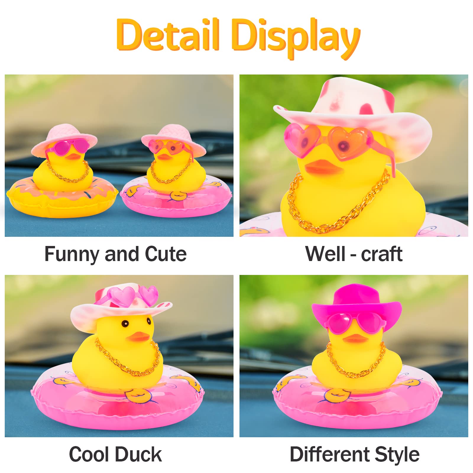 wonuu Car Rubber Duck Dashboard Ornament - Small Rubber Decoration with I_red Heart Glasses & Pink Hat