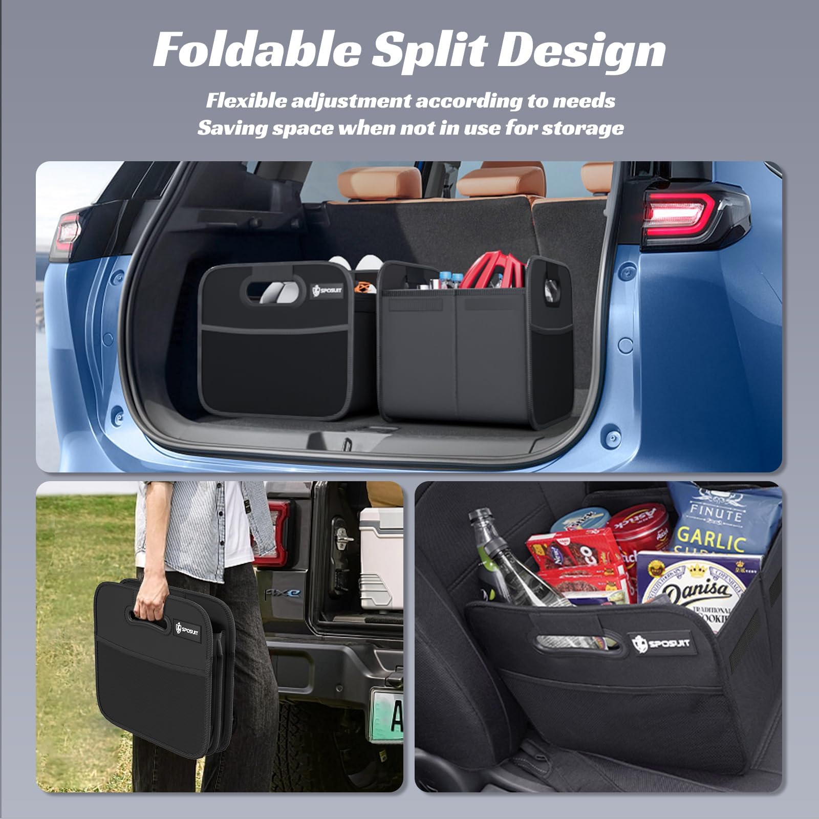 Sposuit Trunk Organizer For Car - Collapsible Split Trunk Storage With Reinforced Handles, Suv Trunk Organizers For Grocery Carg