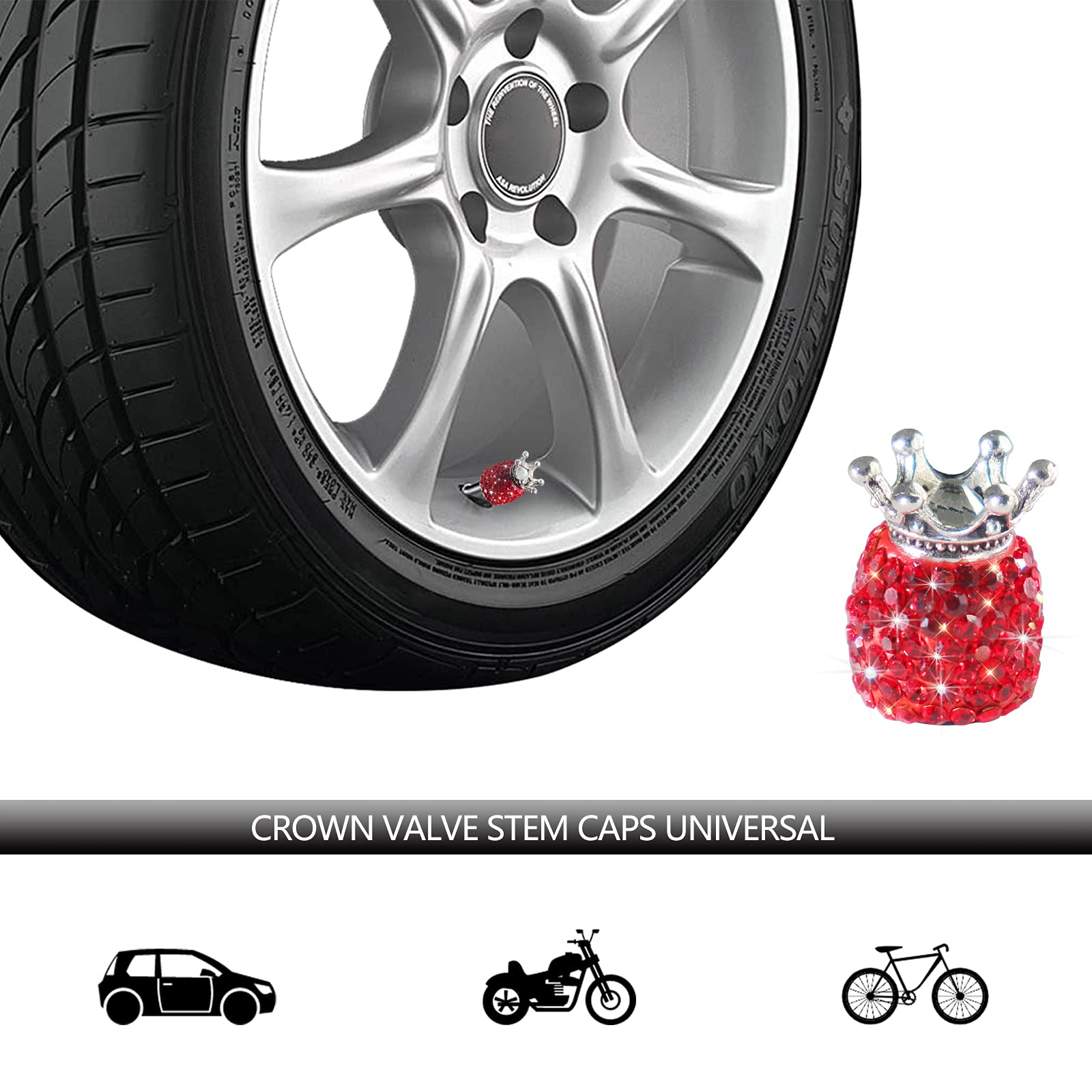 Sikawai Bling Tire Valve Stem Caps Crown Valve Caps Sparkling Handmade Crystal Rhinestone Universal Car Tire Valve Caps Chrome,A
