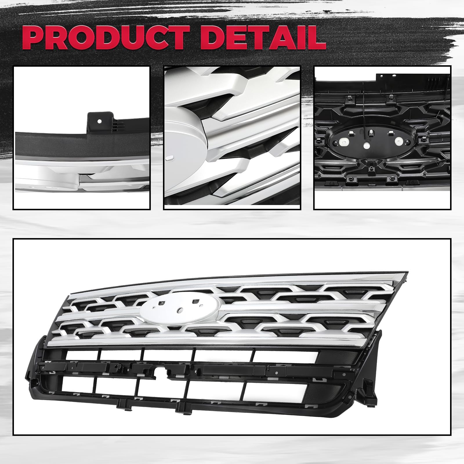 HECASA Front Grille Grill for 2018-2019 Ford Explorer, ABS Plastic, Chrome, Black & Silvery, Model CB-2085