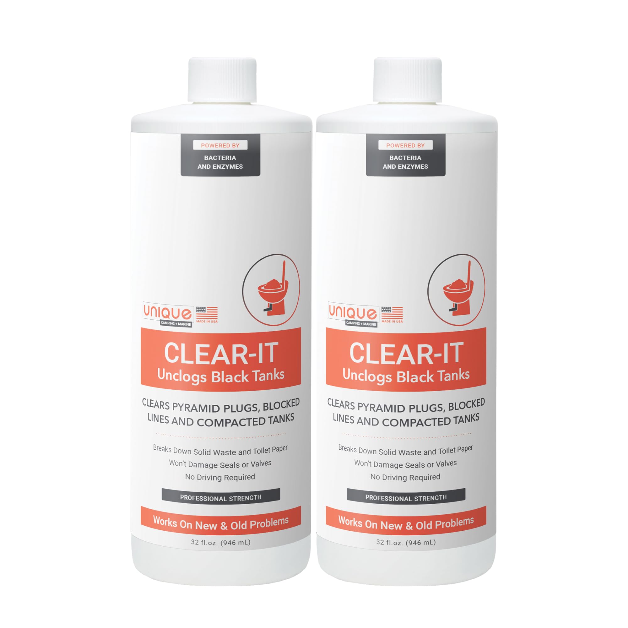 Unique Clear-It Rv Black Tank Unclogger Liquid - Breaks Through Pyramid Plugs, Compacted Tanks, And Clogged Pipes 32 Oz (2-Pack)