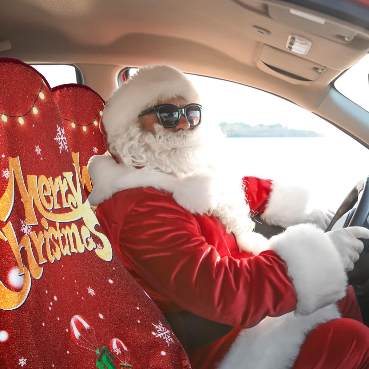 Deckaly Santa Claus Car Decoration Front Seat Covers, Towel Car Seat Protector For Outdoor, Camping, Snow, Workout, Running, Sea