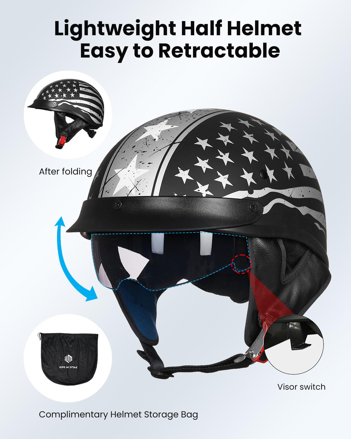 ILM Half Helmet Motorcycle Open Face, Large, Patriotic Flag, Model 205V, DOT Approved, Quick Release Buckle, ABS Material