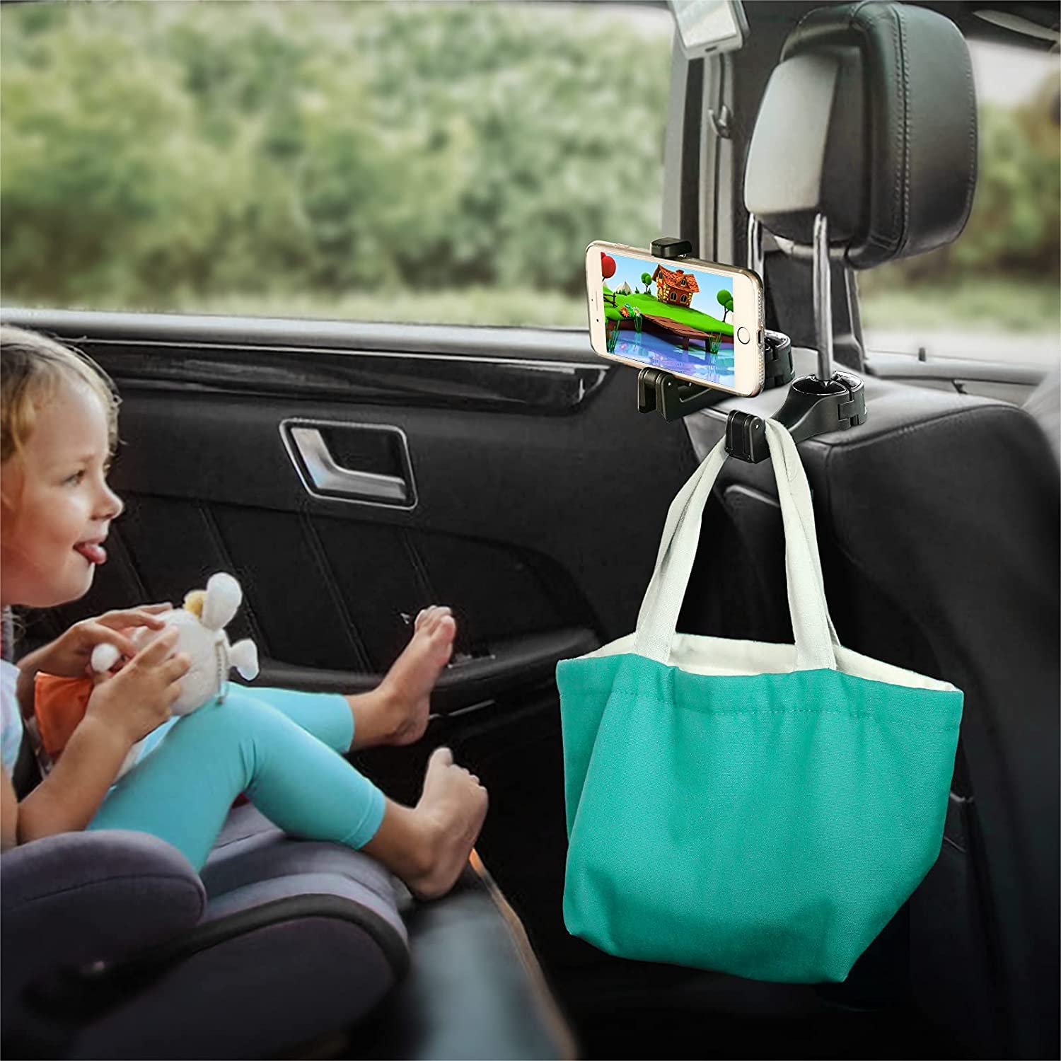 Toovren Upgraded 2 Pack Car Headrest Hidden Hook 2 In 1 Car Seat Hooks With Phone Holder For Purse, Backpacks,Toys,And Even Bott