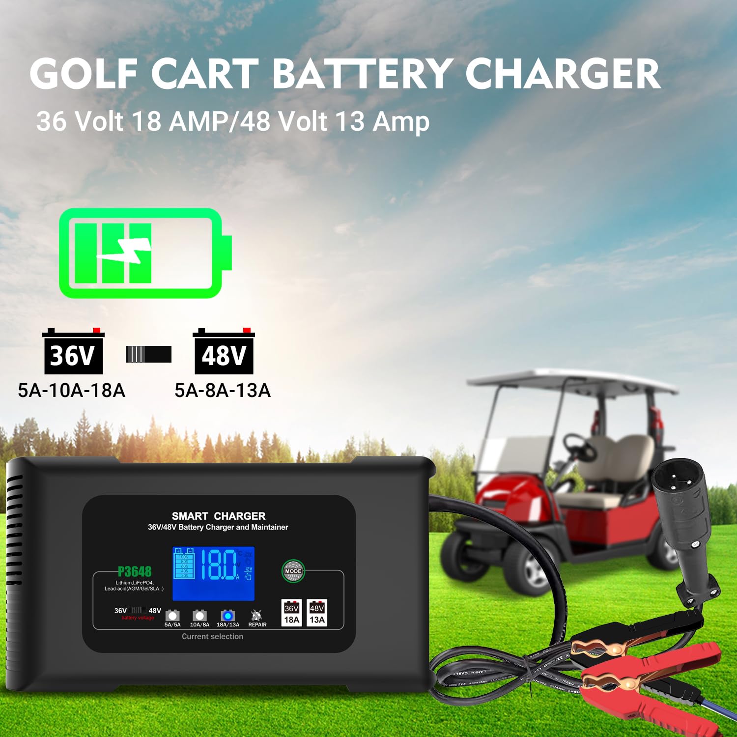 Golf cart Battery Charger, 48V 13A and 36V 18A Trickle Battery Charger,48 Volt cart Golf Charger,for 48 Volt Club Golf Car,Lithi