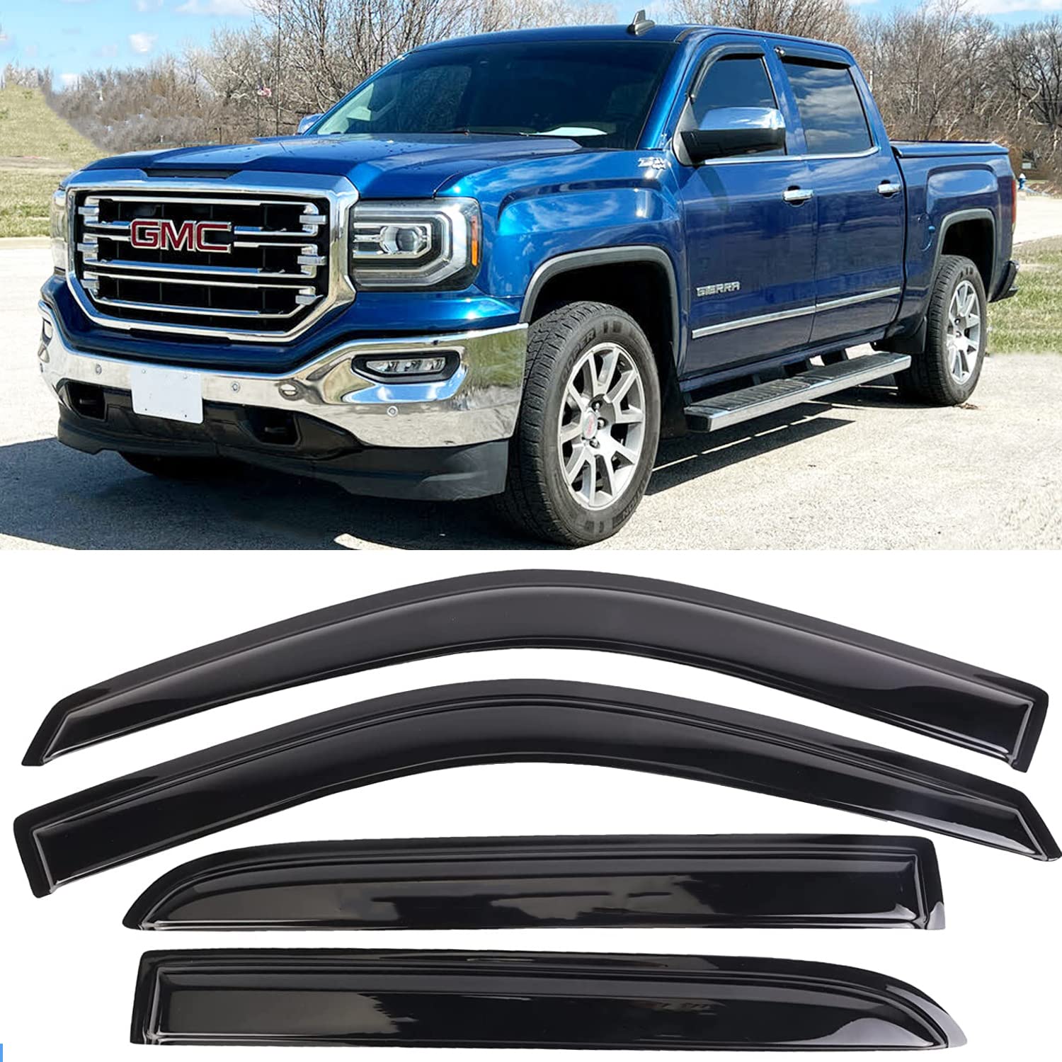 94515 Truck Window Visors Rain Guards For 07-13 Chevy Silverado/Gmc Sierra 1500, 07-14 Silverado/Sierra 2500Hd 3500Hd Crew Cab/A
