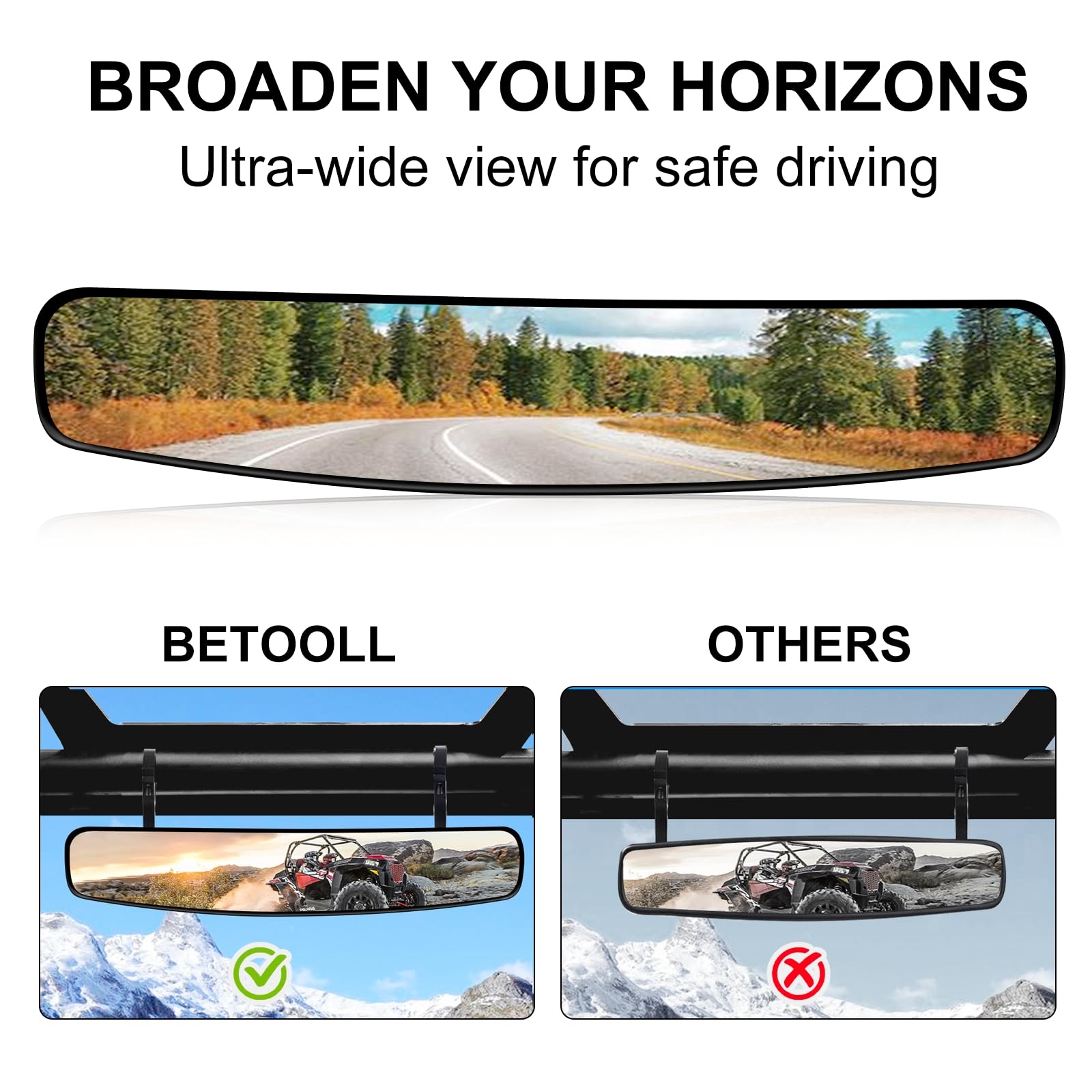Betooll 16.5'' Wide Rear View Race Mirror Convex Mirror With 1.75''-2 Clamp For Utv Compatible With Yamaha,Polaris,Kawasaki Mule