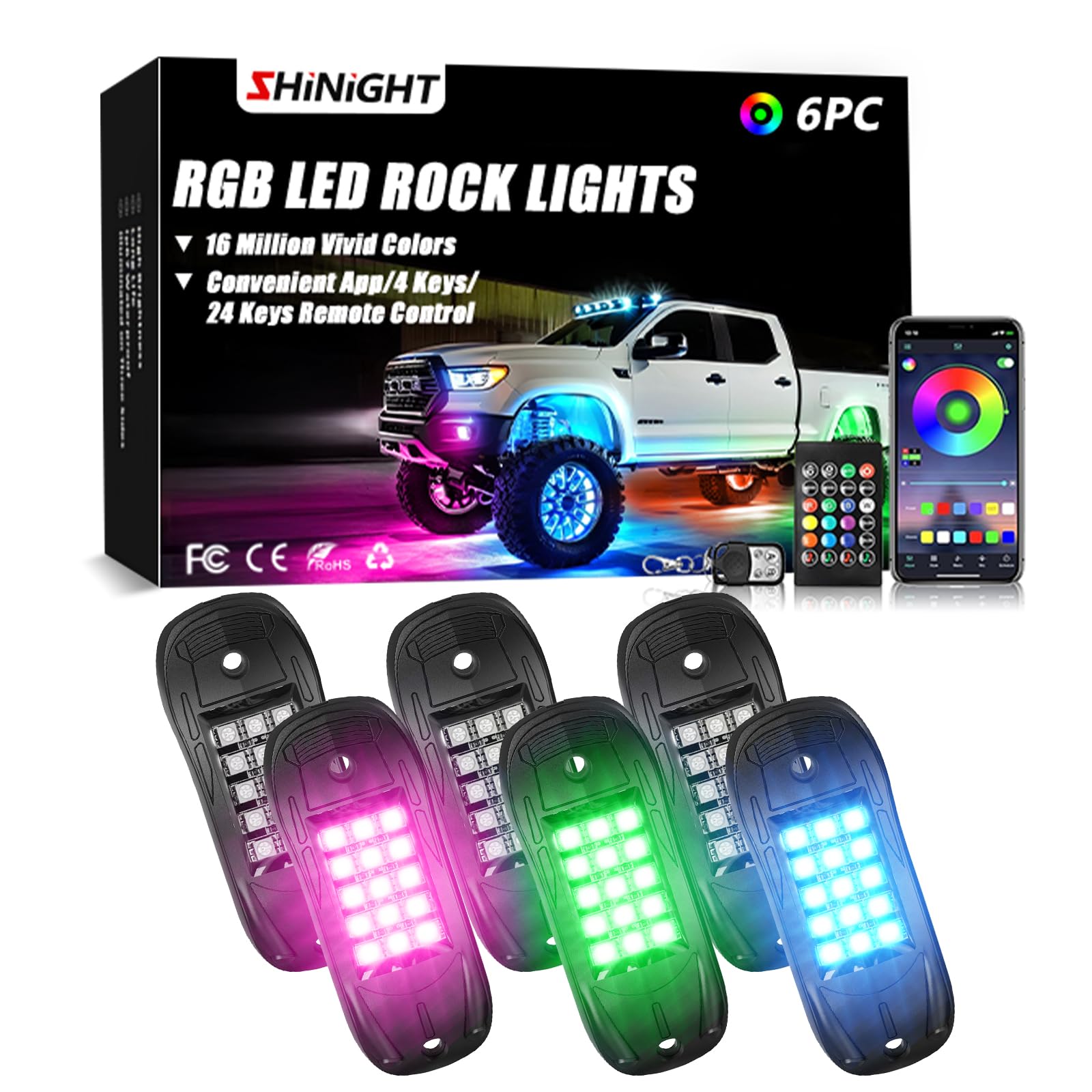 SHINIGHT Led Rock Lights for Trucks,6 Pods Lights for Jeep Brightness Truck underglow kit Exterior with App Control Flashing Mus