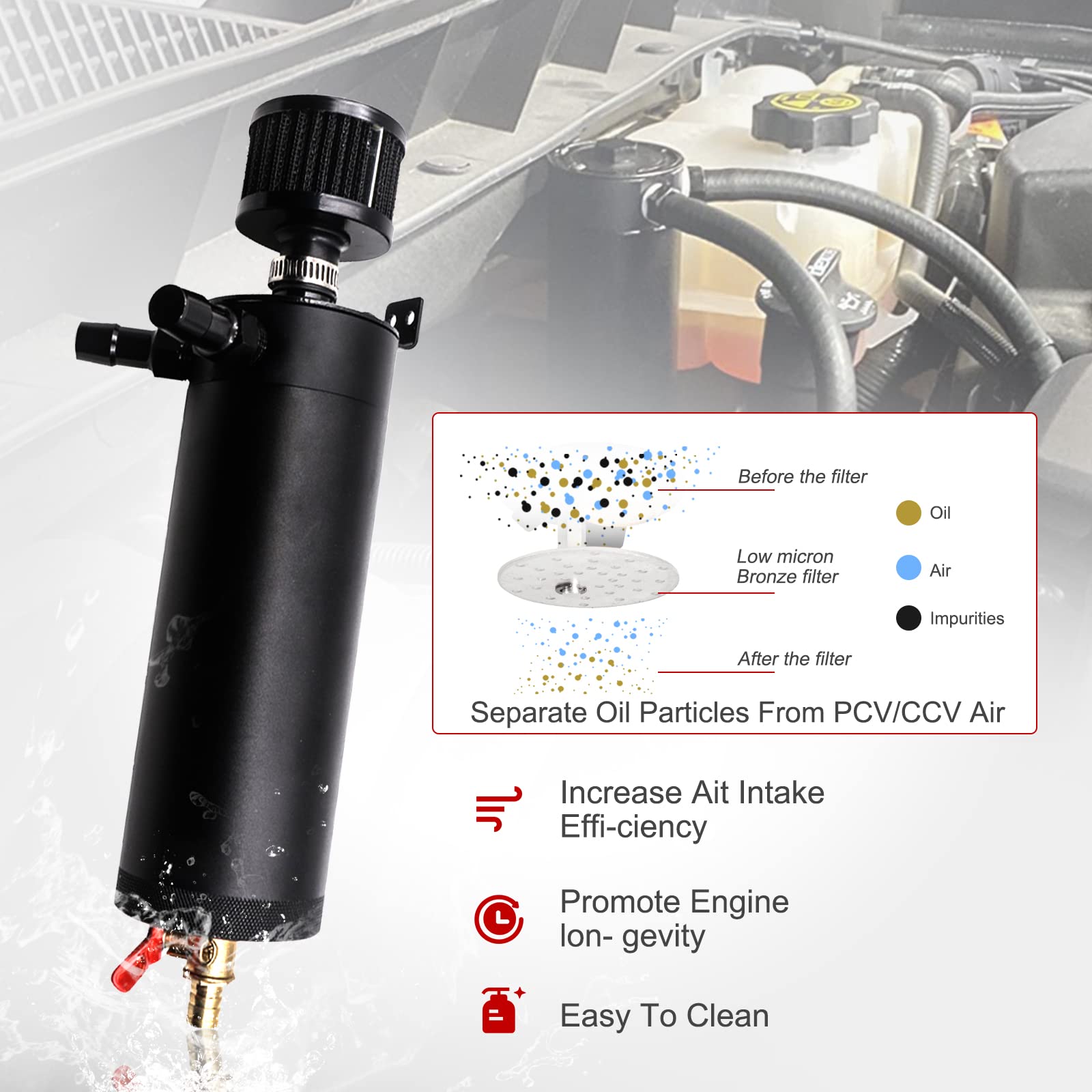 Yeshma Universal 750Ml Billet Aluminum Baffled 2-Port Oil Catch Can Reservoir Tank With Breather Filter With Drain Valve