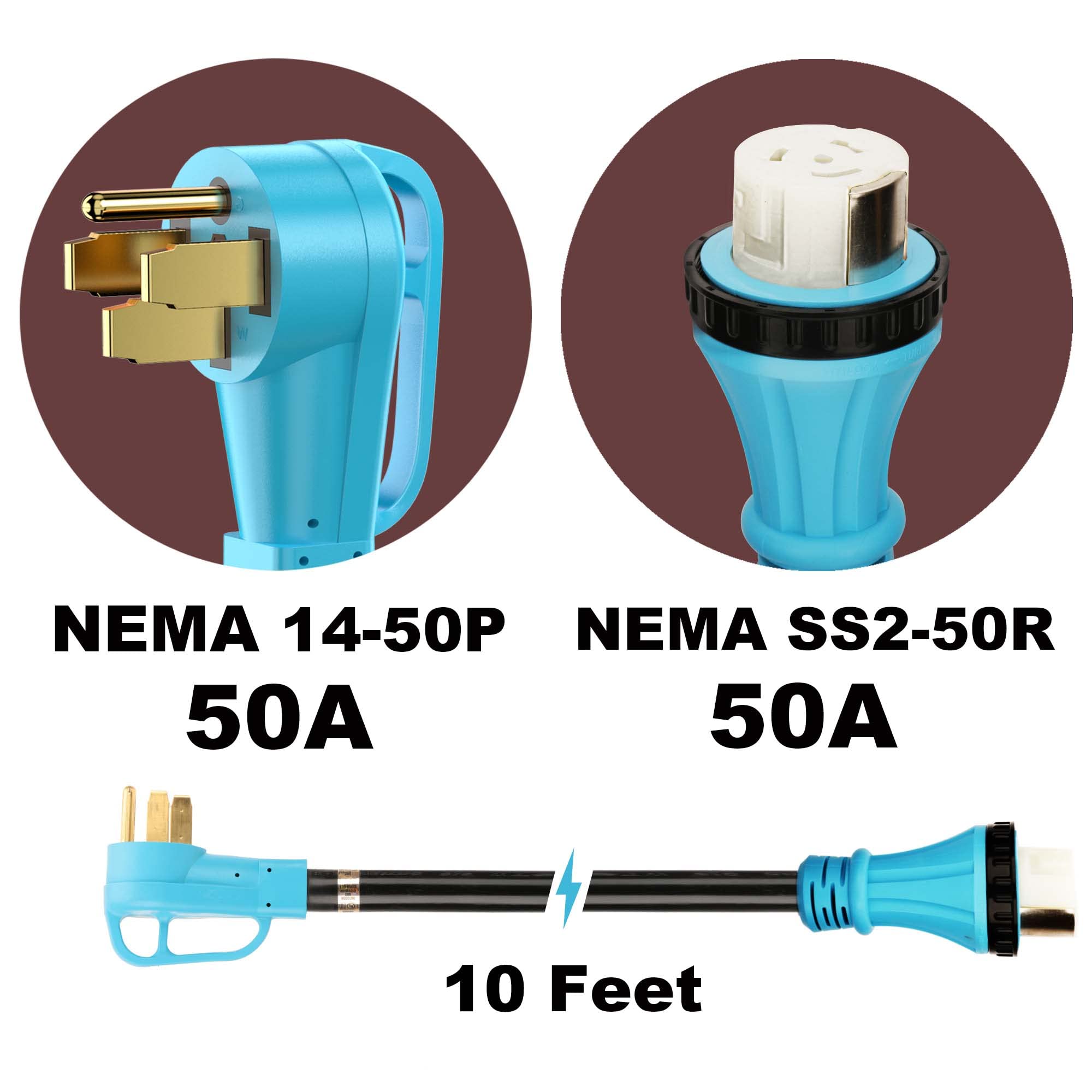 Circlecord Ul Listed 50 Amp 10 Feet Rv/Generator Cord With Locking Connector, Heavy Duty 6/3+8/1 Gauge Stw Wire, 14-50P Male And Ss2-50R Twist Locking Female For Rv Camper And Generator To House
