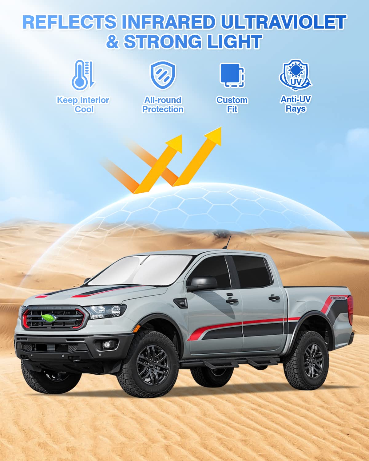 Canvcle Windshield Sunshades for 2019-2024 Ford Ranger, Black, 5PCS, Polyester, Side & Rear Window Privacy Cover