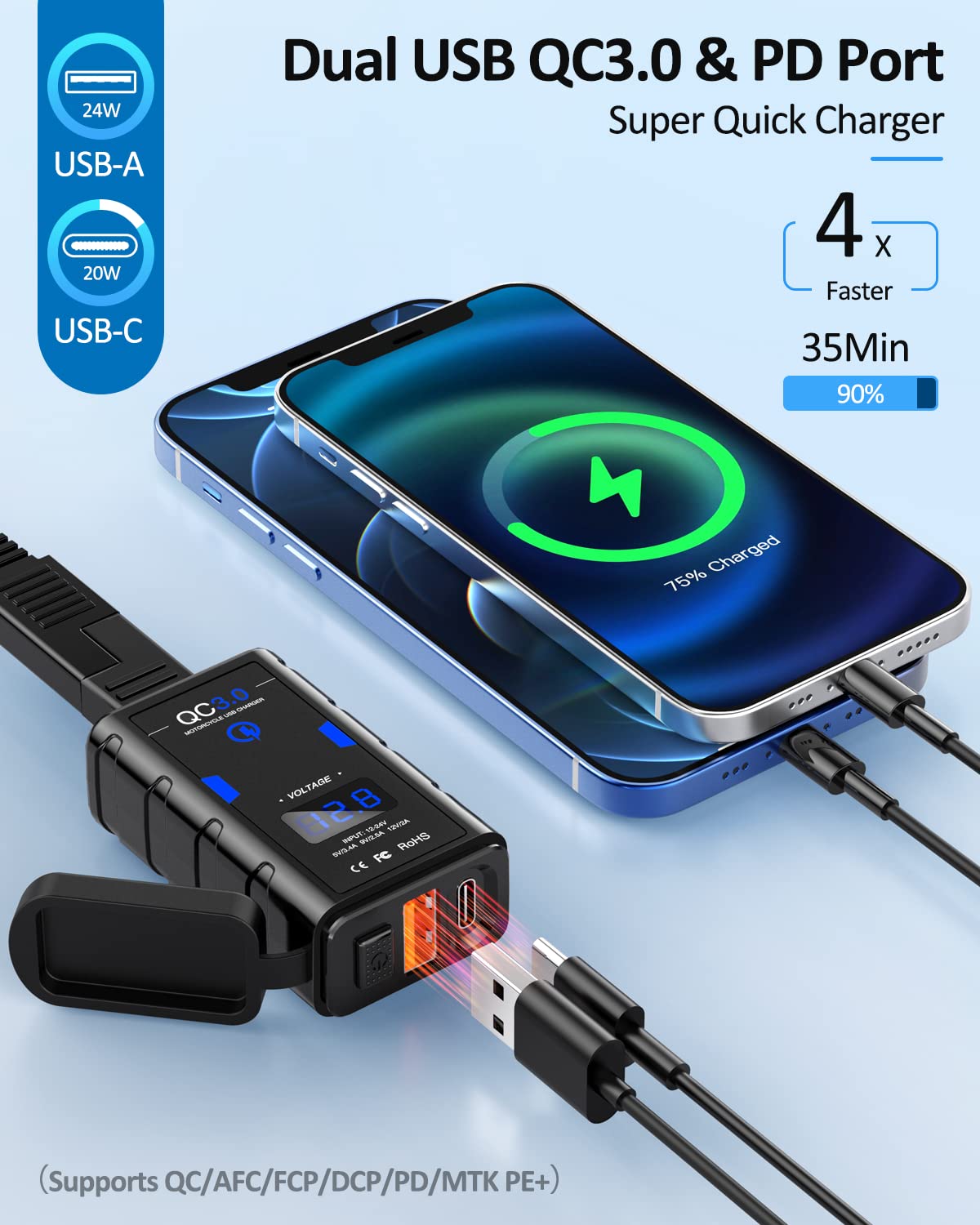 EXTRACTME Motorcycle USB Charger, Upgraded 6.4A Quick Charge 3.0 & Type C PD Dual Phone Charger with Voltmeter, Waterproof Motor