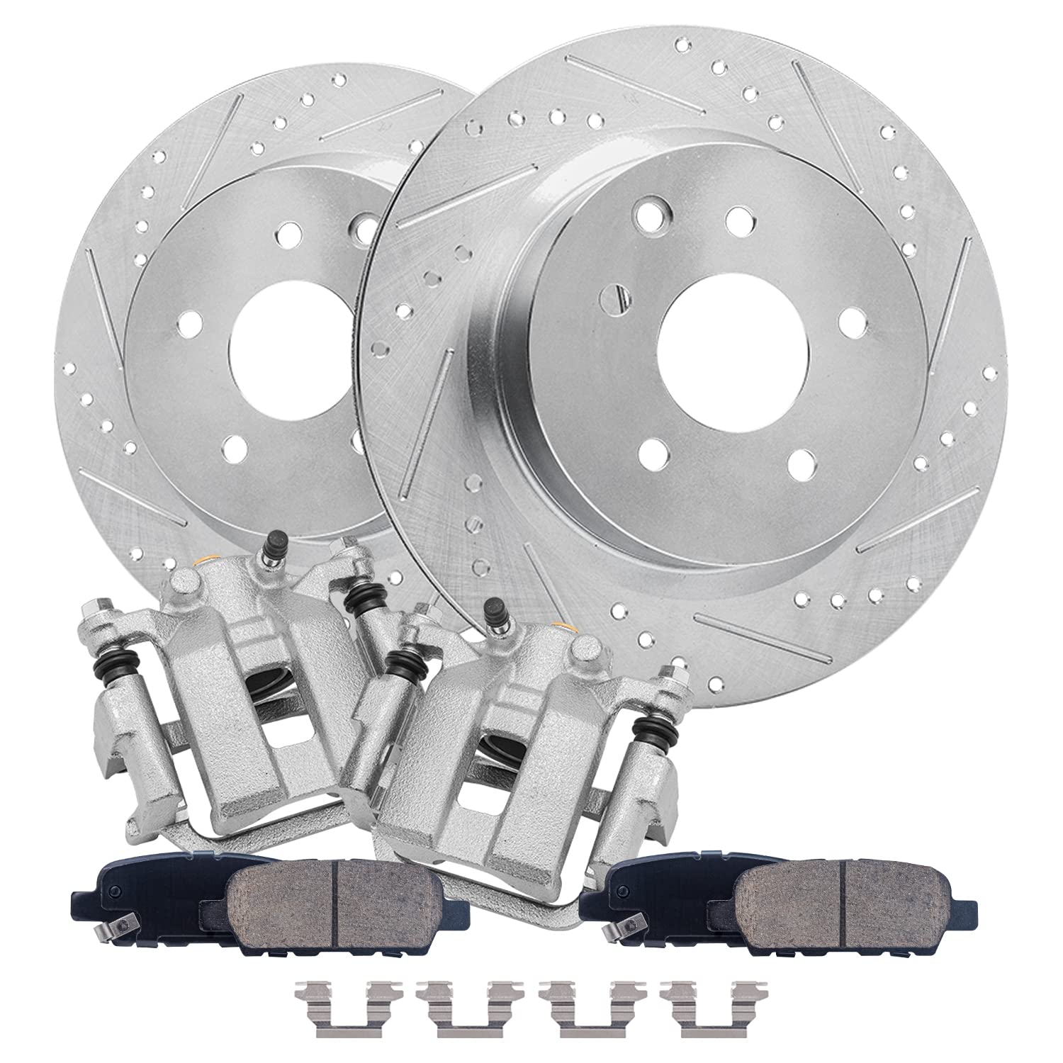 Detroit Axle - 308mm Rear Drilled Rotors + Brake Calipers + Ceramic Brake Pads Replacement for Infiniti G35 G37 M35 M45 Nissan 3