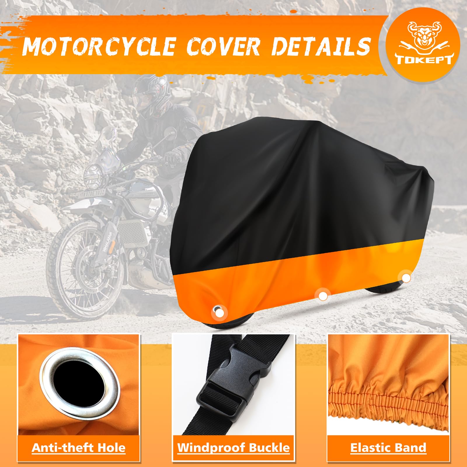 Tokept Motorcycle Cover All Season Universal Waterproof Sunscreen Outdoor Protection with Lock-Holes & Storage Bag Fits up to 96