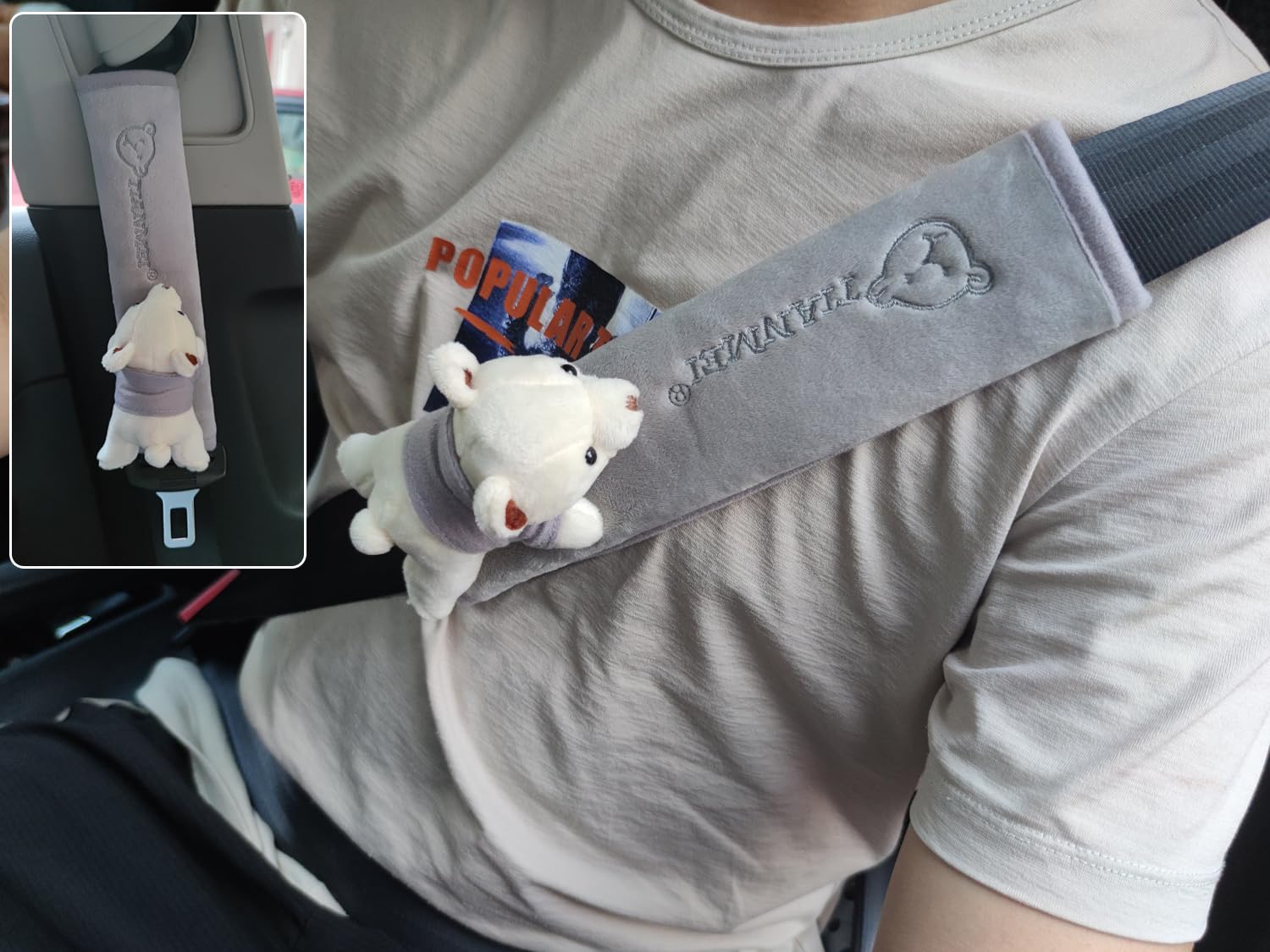Tianmei 2Pcs Bear Doll Styling Faux Suede Car Seat Belt Strap Cover Shoulder Strap Pad (Gray Color)