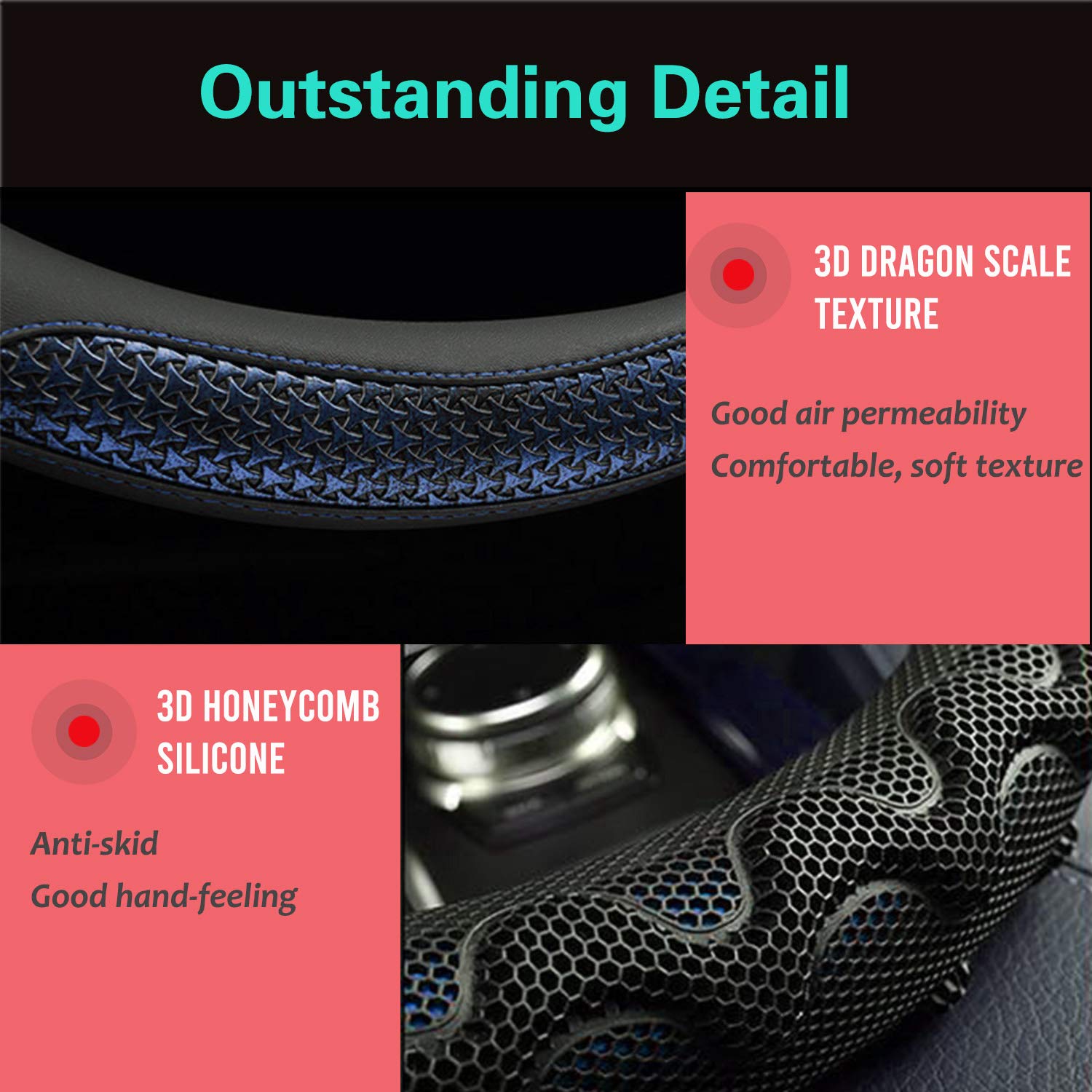 Pinctrot Large Size Steering Wheel Cover Great Grip With 3D Honeycomb Anti-Slip Design, 15.5-15.75 Inch (Blue)