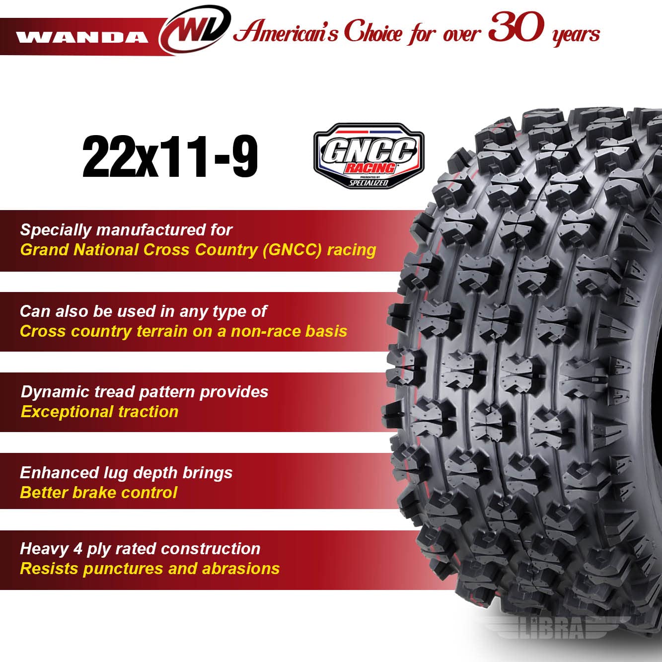 Wanda Set 2 Sport Atv Tires At 22X11-9 P357 Gncc (Grand National Cross Country) Race Tire 0.71'' Lugs 10092