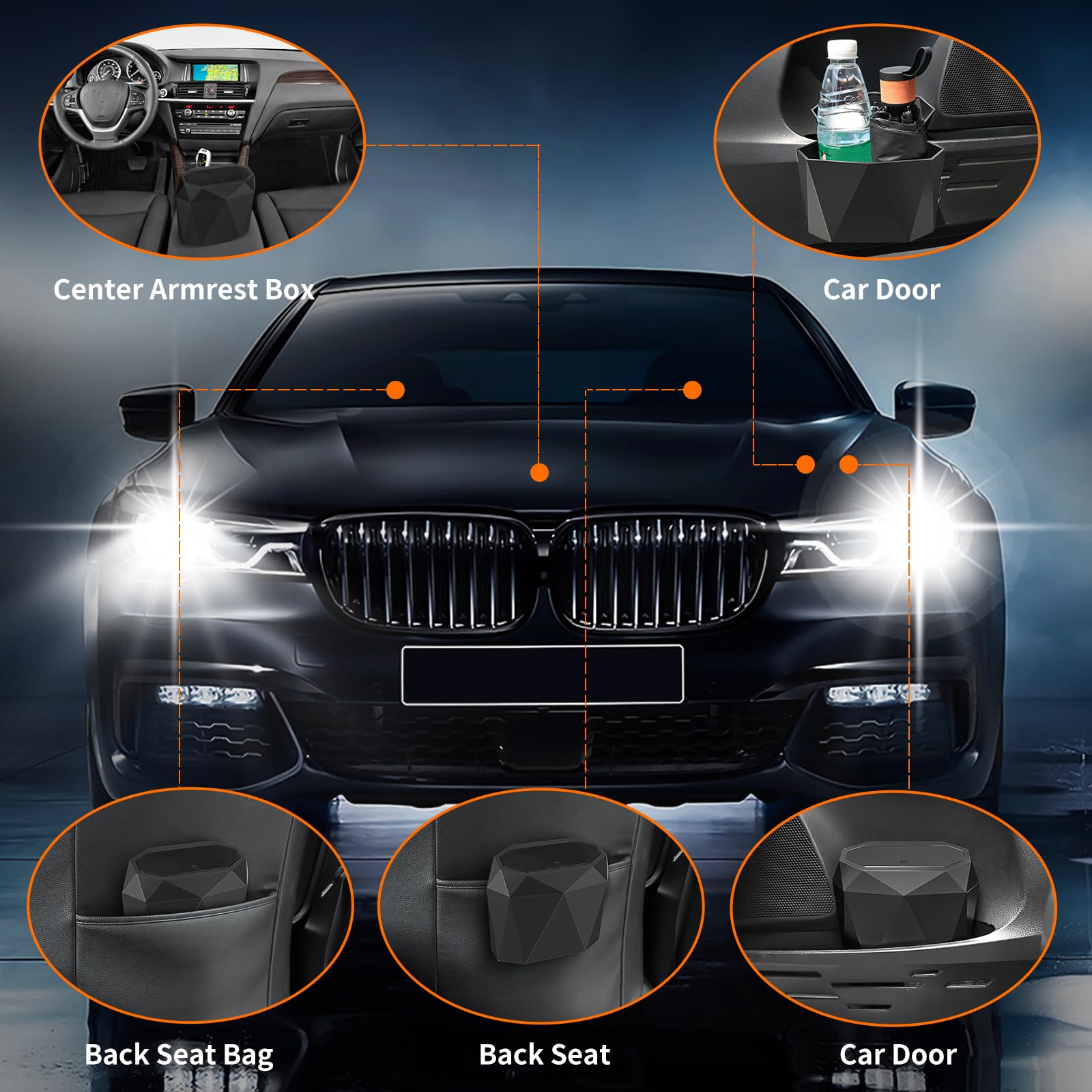 Wontolf Car Trash Can Bin With Lid, Small Car Garbage Can With 60Pcs Trash Bags Leakproof Mini Car Accessories Trash Bin Car Dus