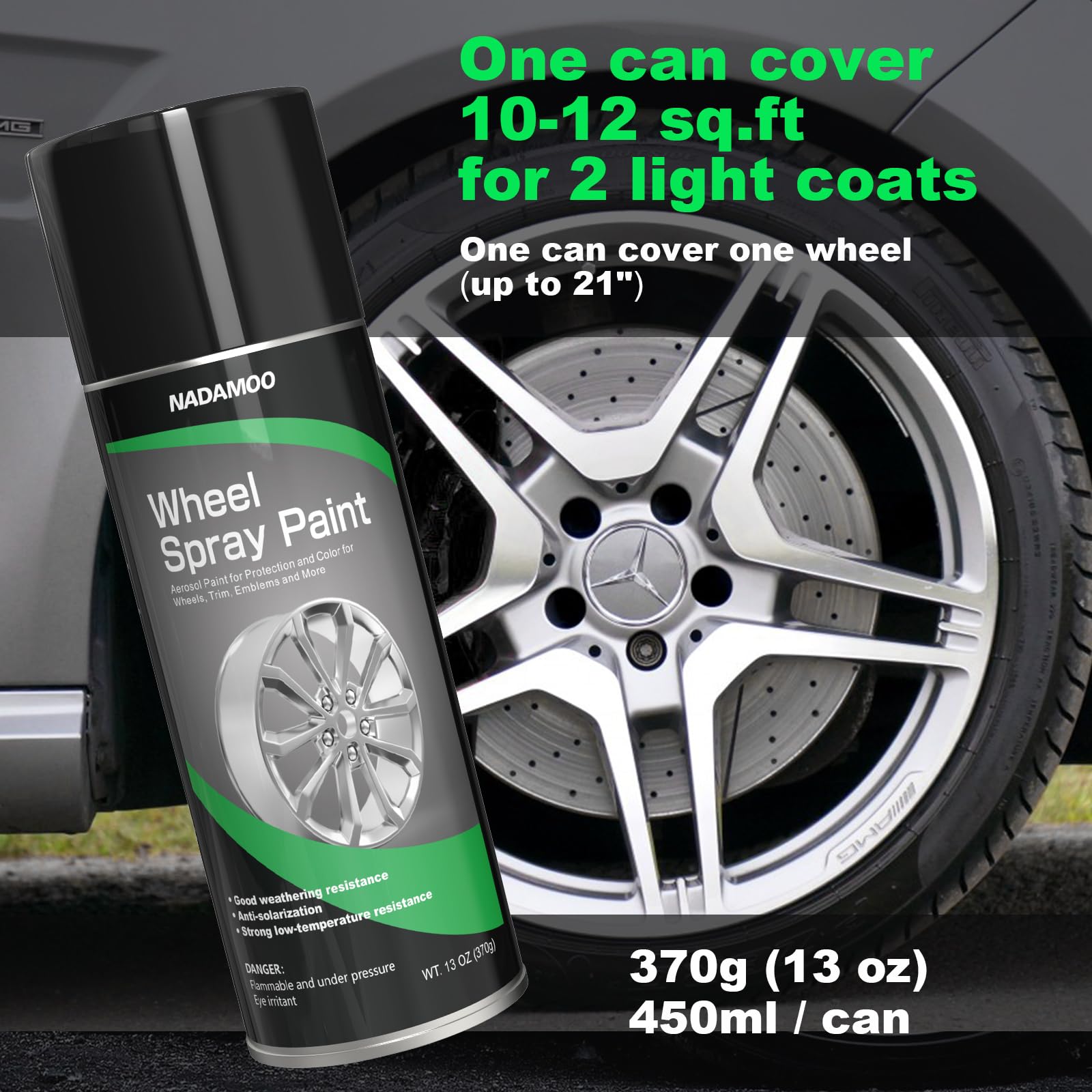 NADAMOO Aluminum Wheel Spray Paint - Semi-gloss Silver 13 Oz Aerosol for Metal Surface Recoloring and Protection