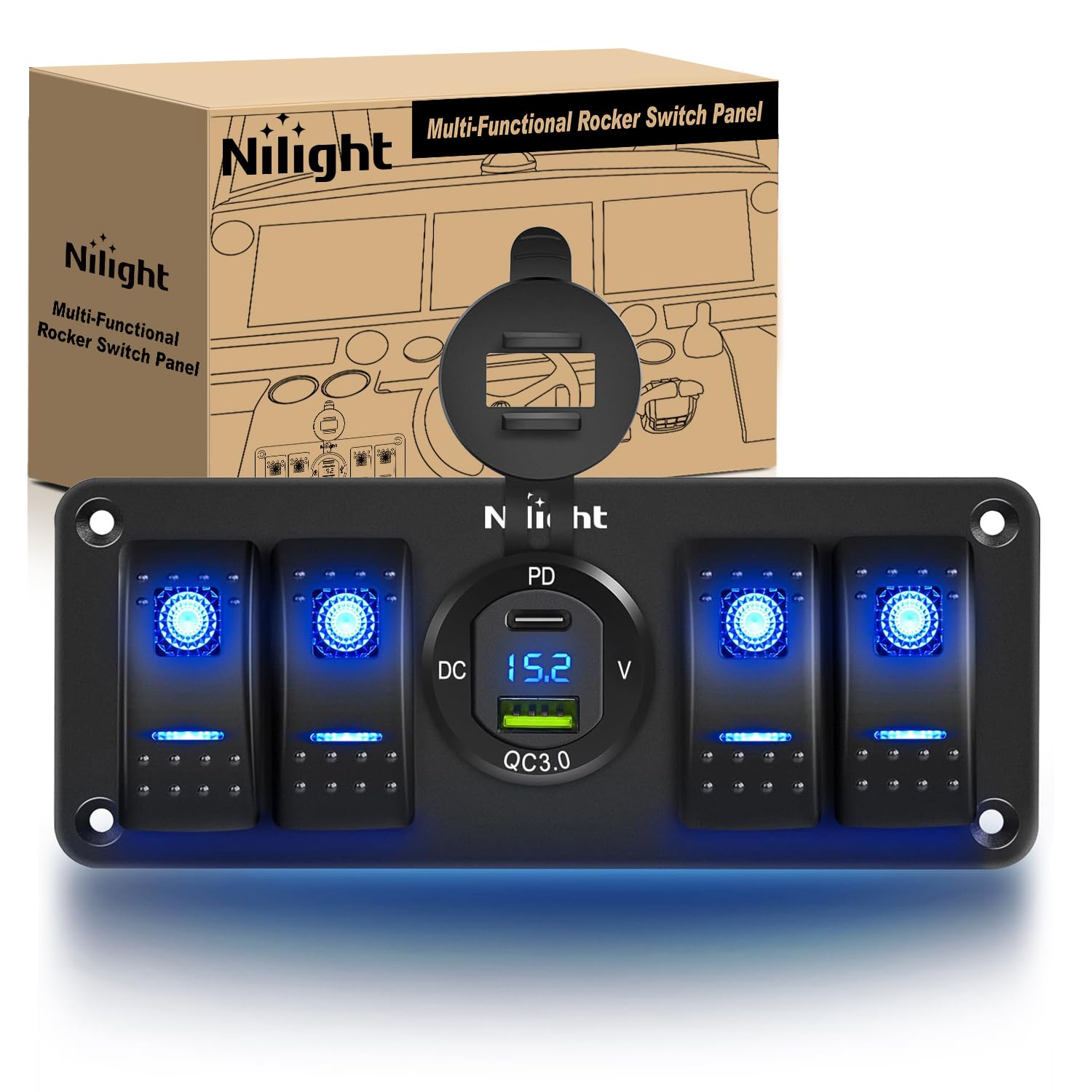 Nilight 4 Gang Rocker Switch Panel with USB Charger & Voltmeter, Waterproof, Aluminum, Type C + USB Blue, Model 90431B