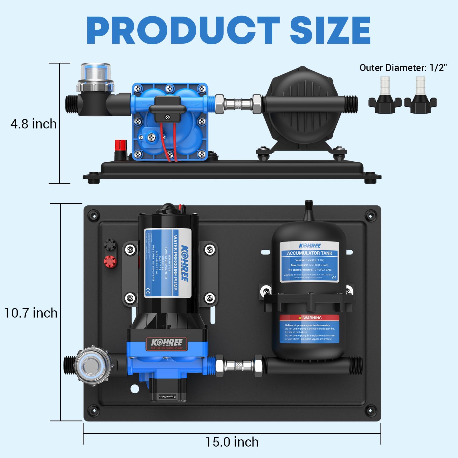 Kohree RV Water Pump System - 12V DC, 5.5GPM, 55PSI with Accumulator Tank, Quiet for RV Camping, Boat, Kitchen, Bathroom