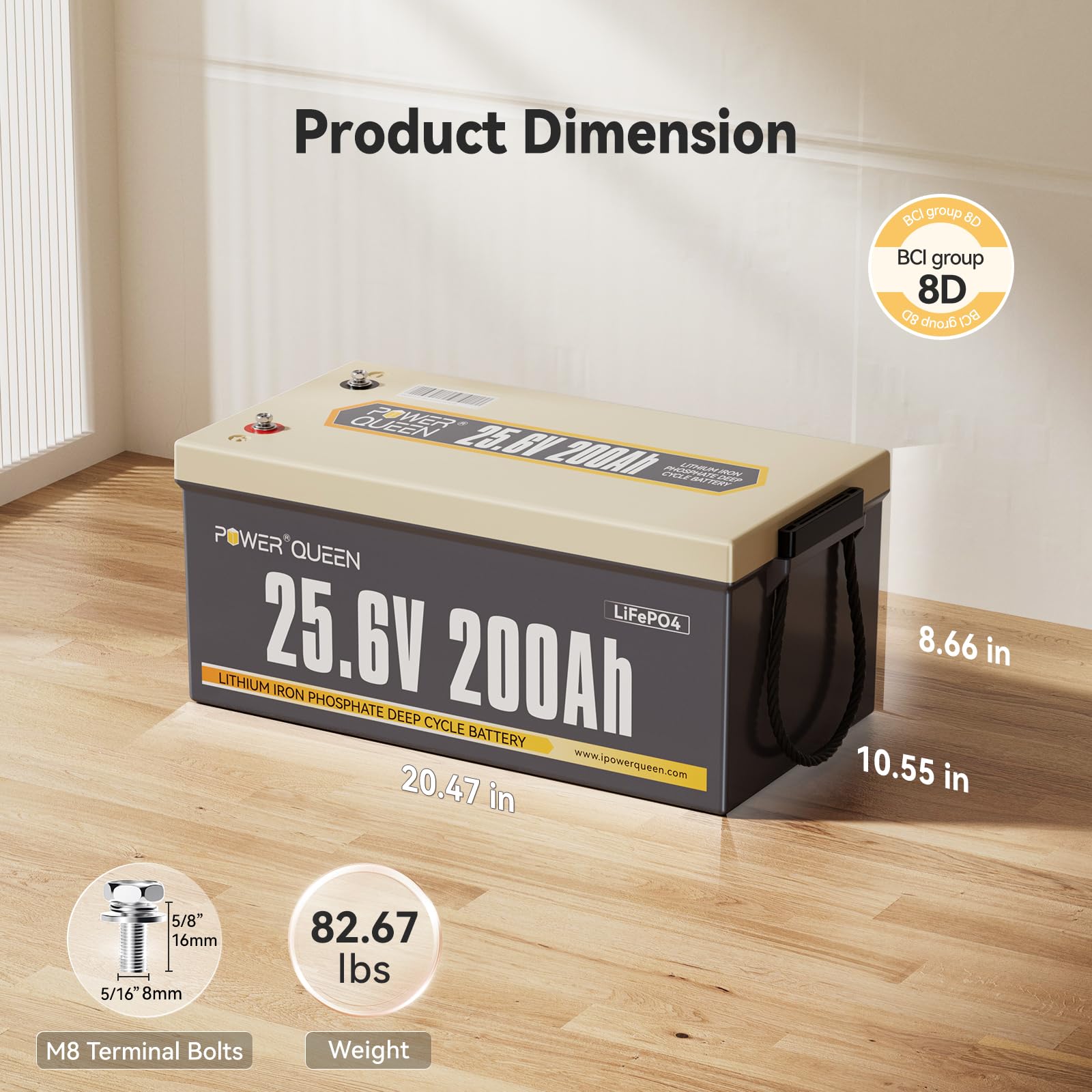 Power Queen 25.6V 200Ah Lifepo4 Battery, Lithium Battery Built-In 200A Bms, 5.12Kwh Deep Cycle Power, 4000 To 15000 Cycles Recha