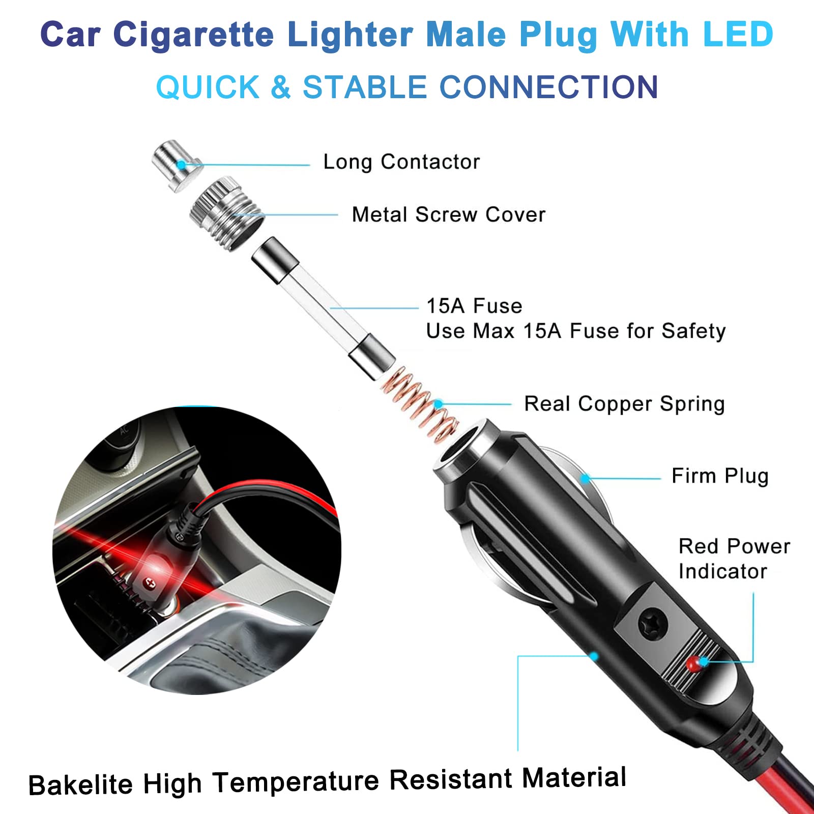 RWUJILONG 12V Cigarette Lighter Splitter Adapter - 2 Socket 1.25FT, 20A Fuse, Black Bakelite, for Car Power Charging
