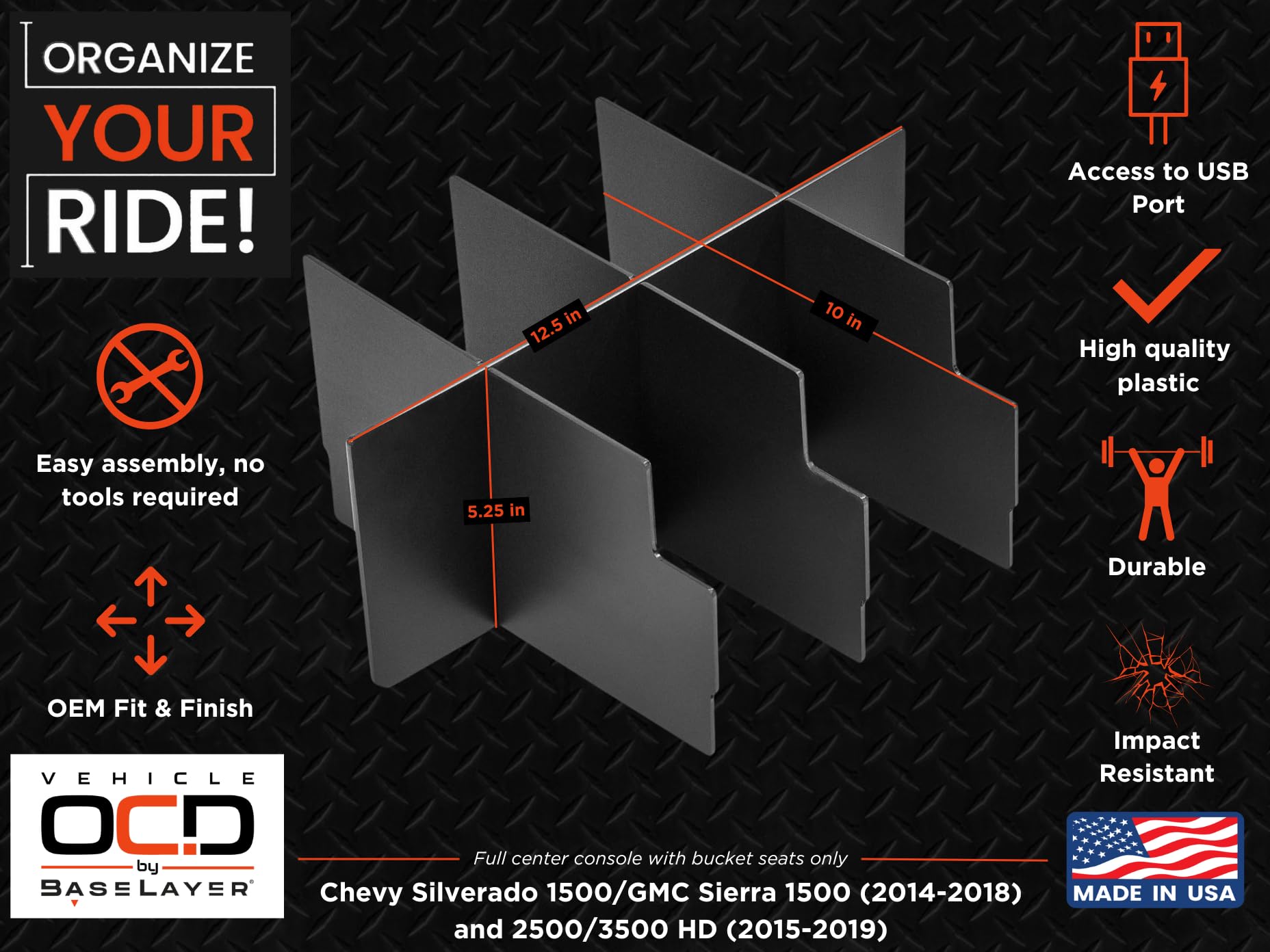 Vehicle Ocd - Center Console Organizer For Chevy Silverado 1500 / Gmc Sierra 1500 (2014-18) And 2500/3500 Hd (2015-19) (Full Con
