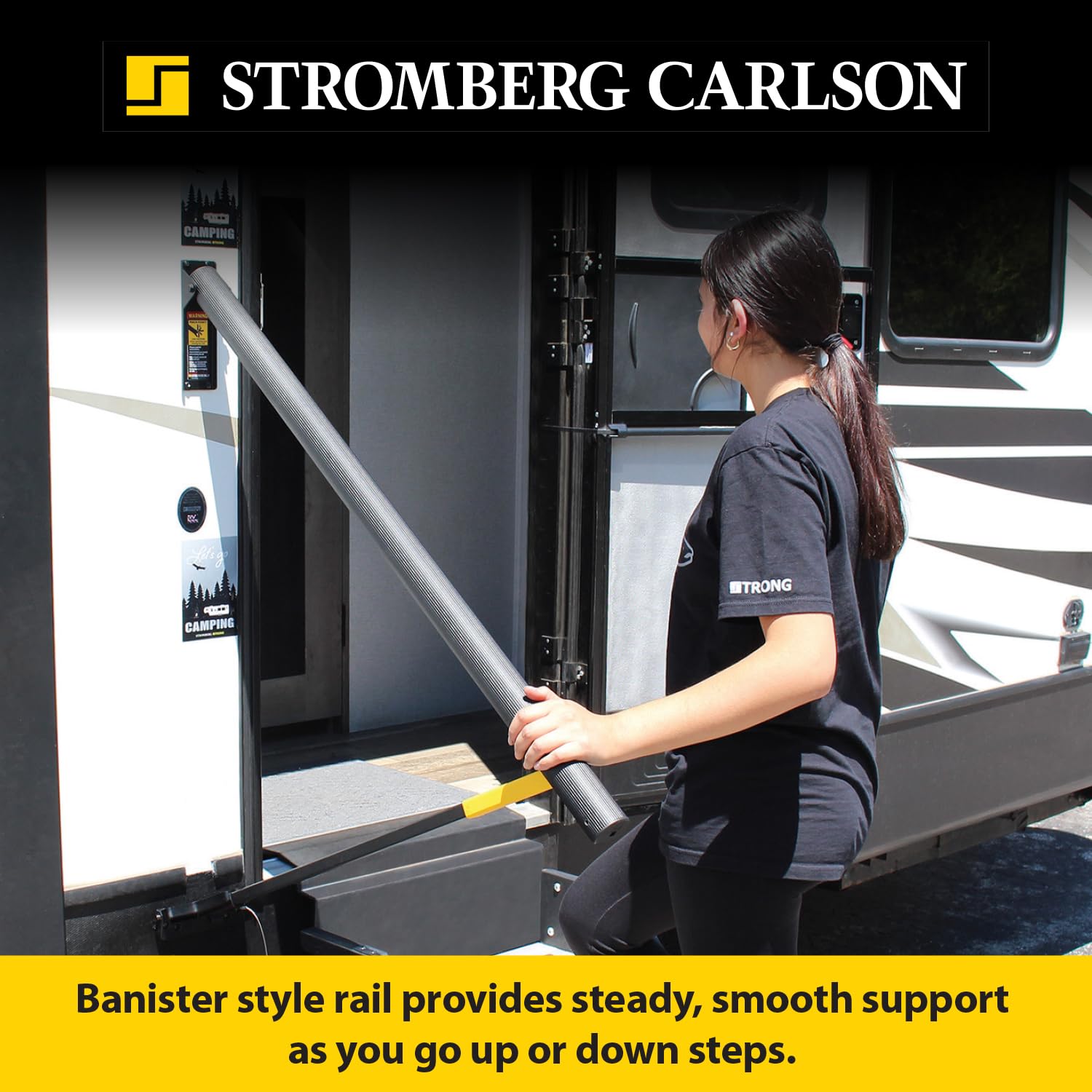 Stromberg Carlson AR-42 Banister Rail - 42" Black Aluminum Handrail for RV Steps, Ribbed Grip, Folds Flat & Locks Easily