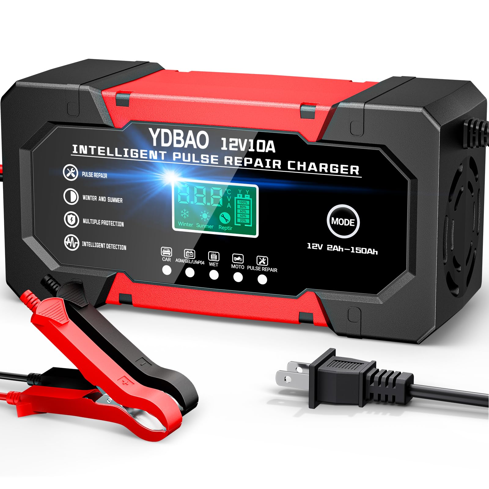 Battery Charger 10A 12V Fully Automatic Smart Car Battery Charger with LCD Display & Temperature Compensation for Car Motorcycle