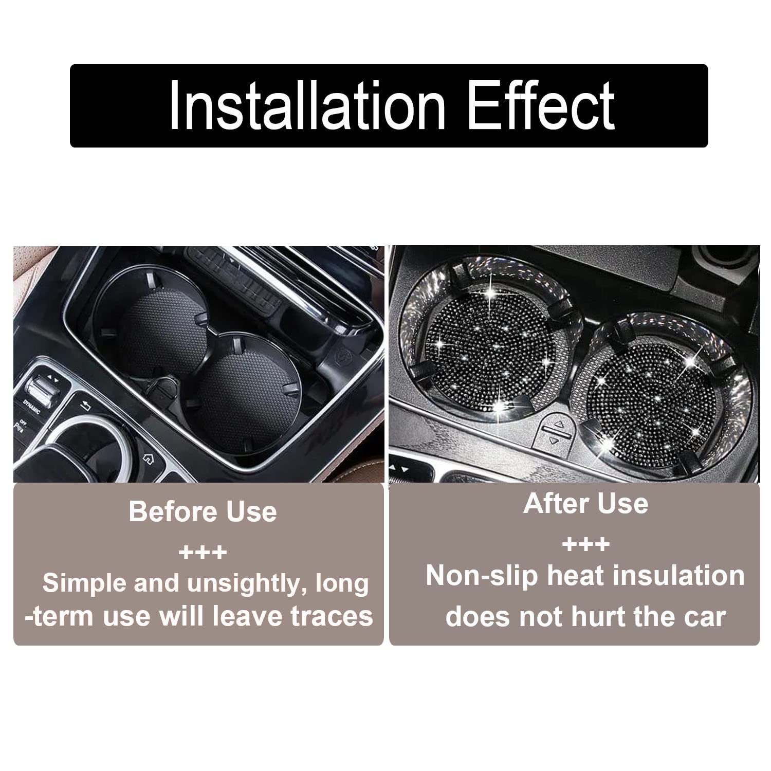 2Pcs Bling Cup Holder Insert Coaster- 2.75 Inch Silicone Anti-Slip Shockproof, Universal Fashion Car Interior Accessories For Women (Black)