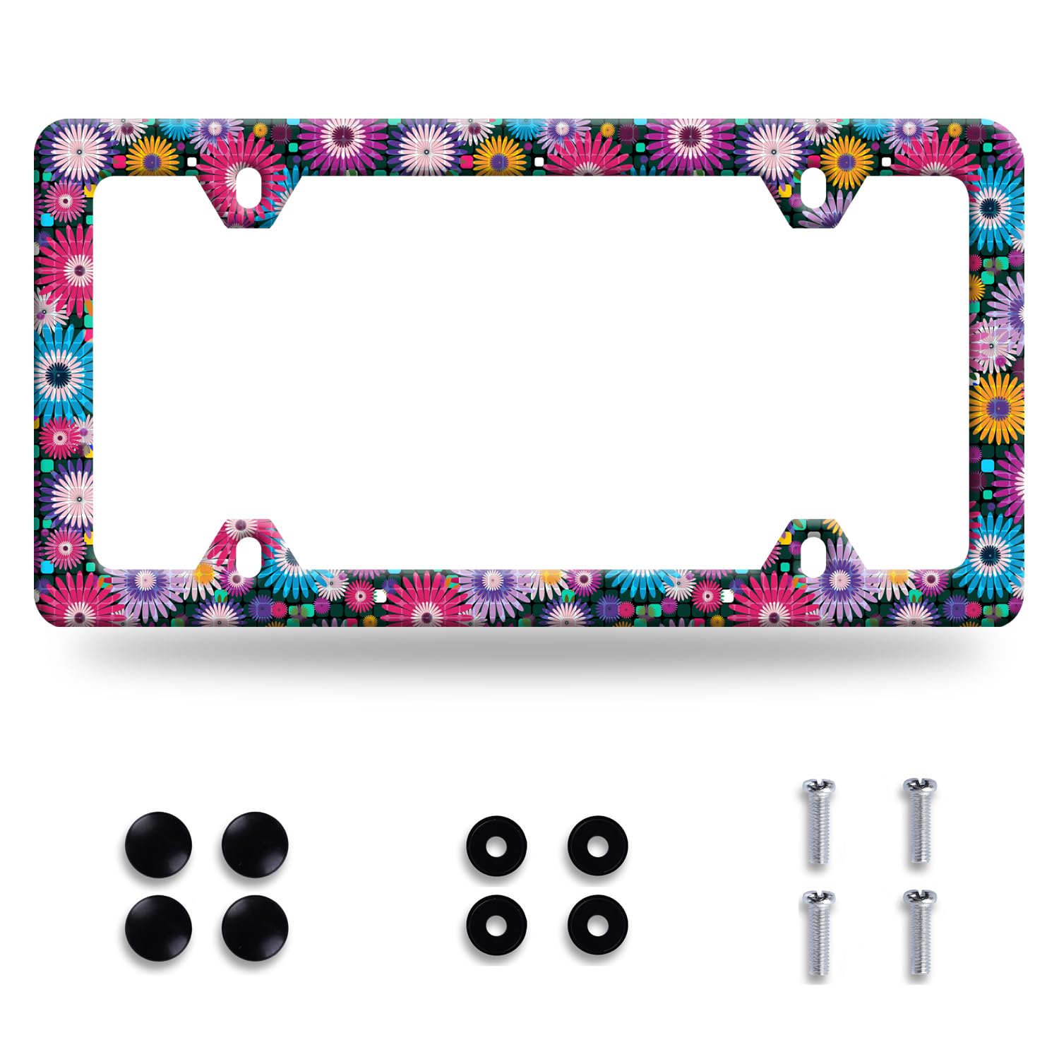 Abstract Hippie Flowers License Plate Frame Floral License Plate Stainless Steel Funny License Plate Holder Colorful Car Accesso