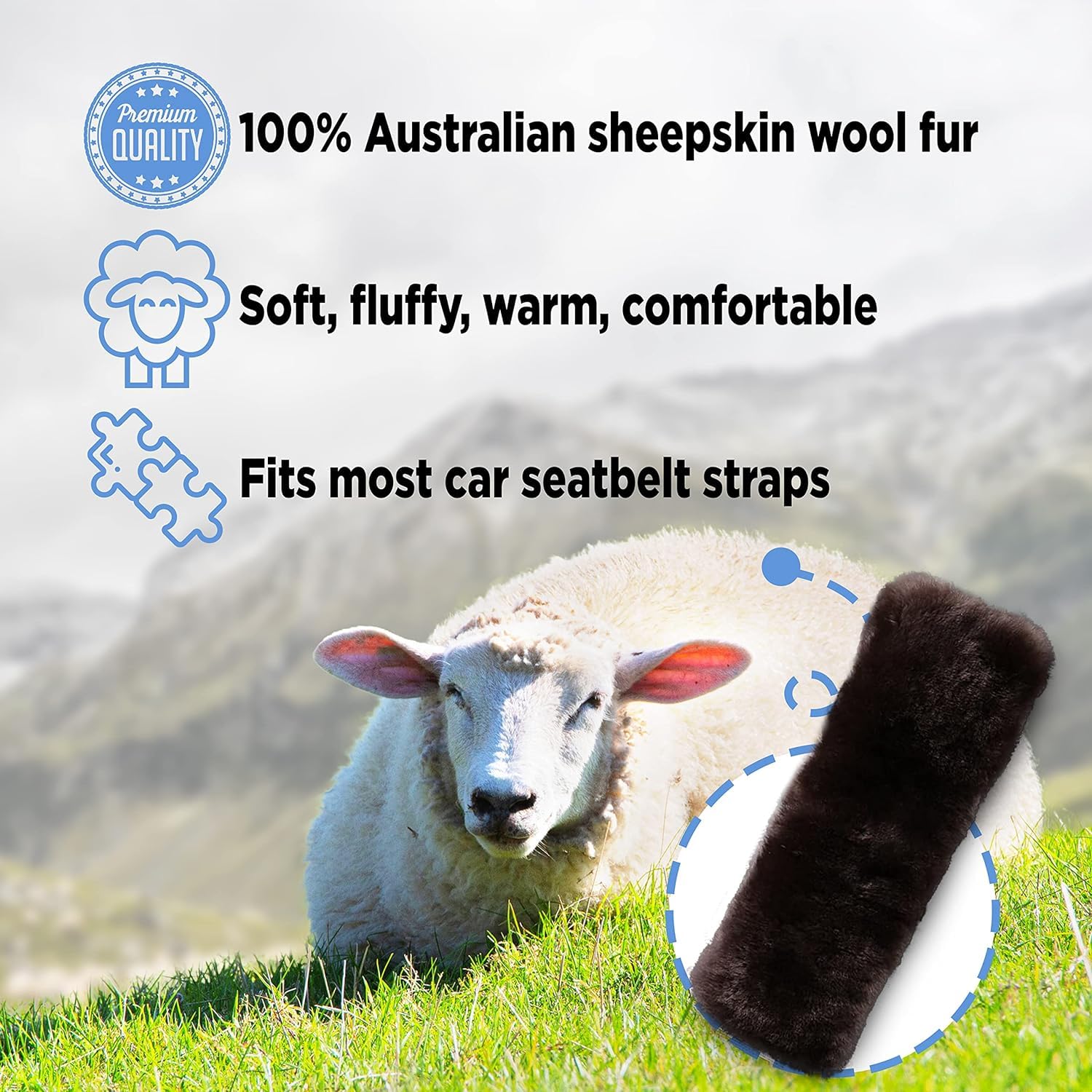 Andalus Australian Sheepskin Seat Belt Covers - Pack of 2 Hypoallergenic, Ultra Soft Shoulder Seatbelt Covers for All Ages, Vehi