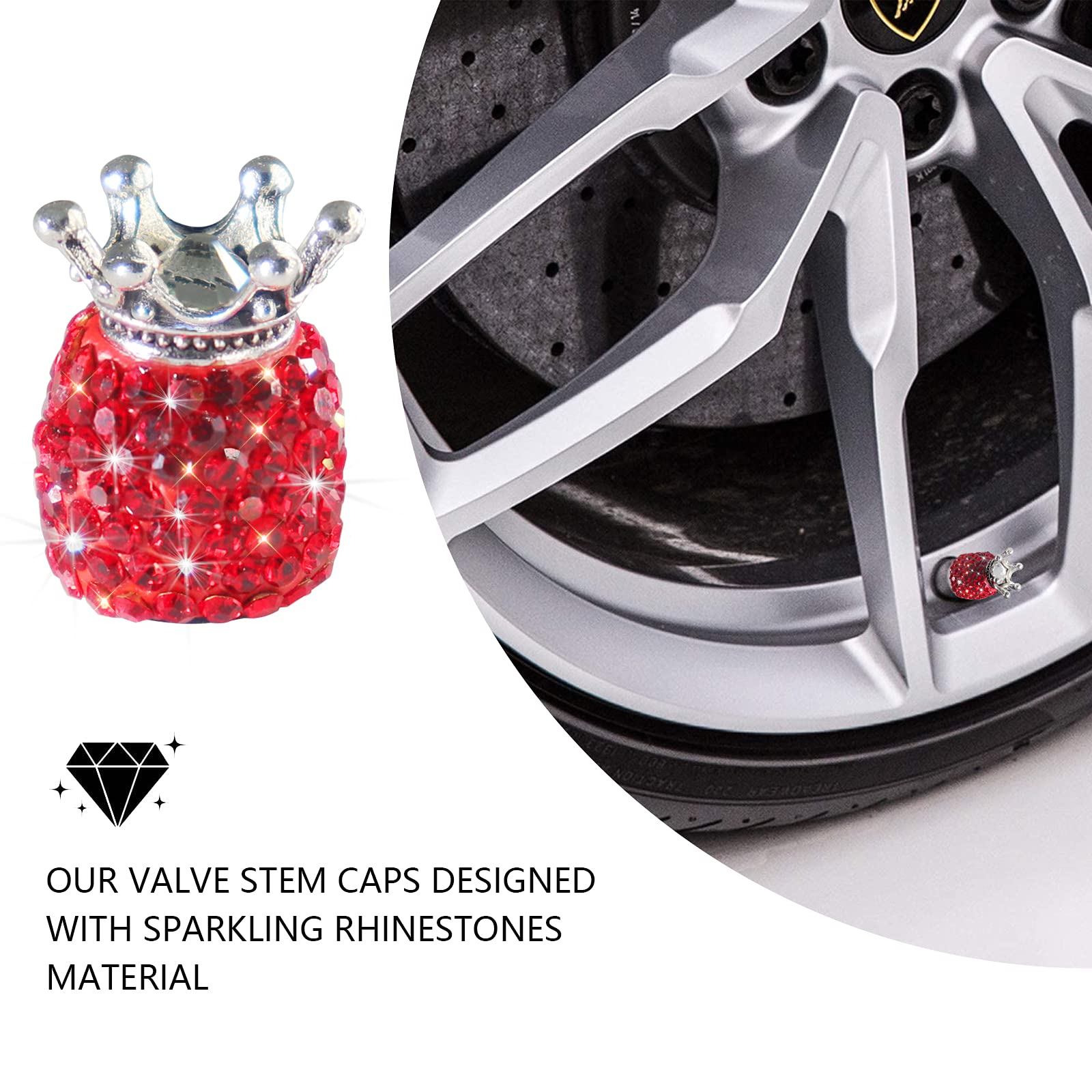 Sikawai Bling Tire Valve Stem Caps Crown Valve Caps Sparkling Handmade Crystal Rhinestone Universal Car Tire Valve Caps Chrome,A