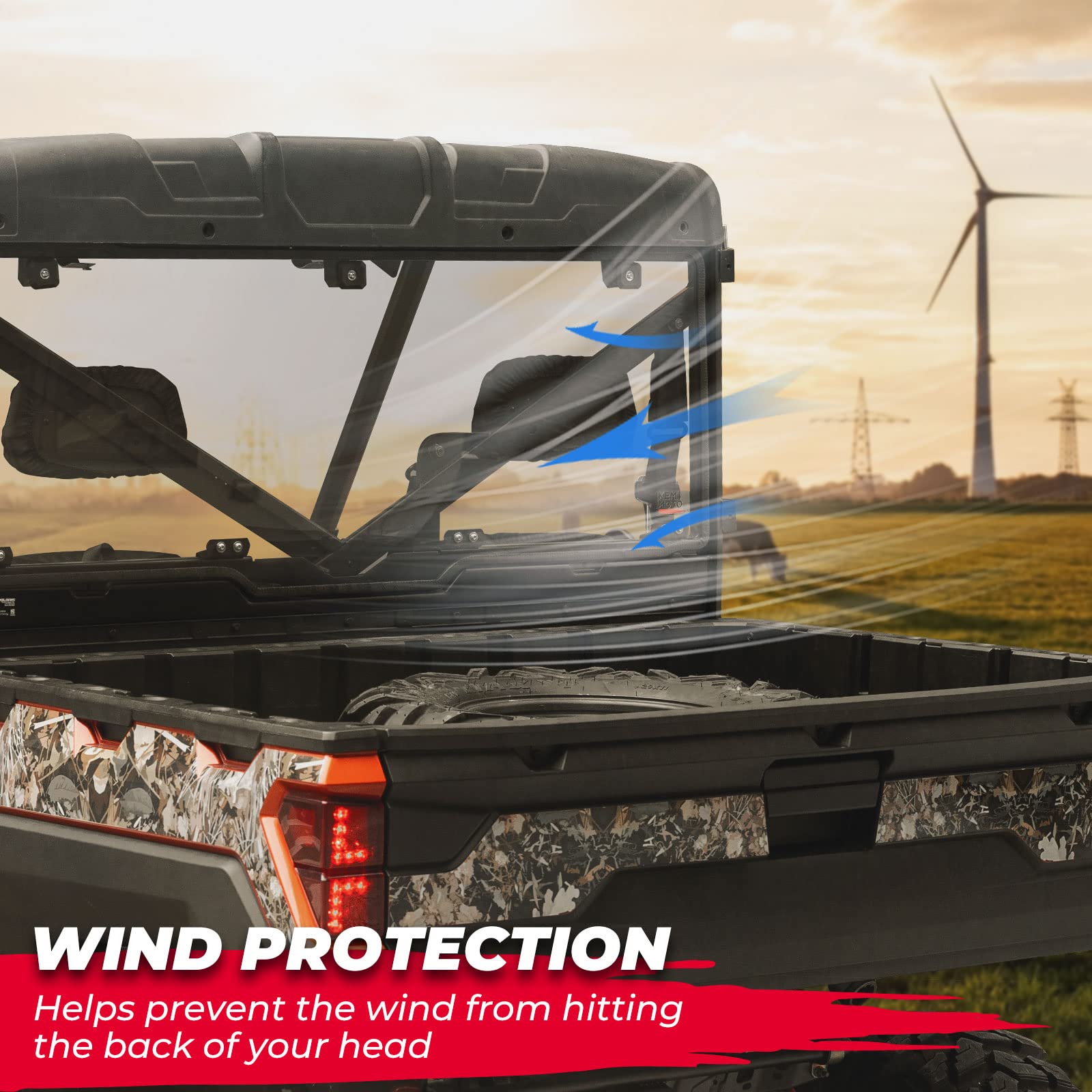 KEMIMOTO Hard Coated Rear Window for Polaris Ranger XP 1000/Crew 2017-2026, Clear Plastic, Model UTVB0110-02001