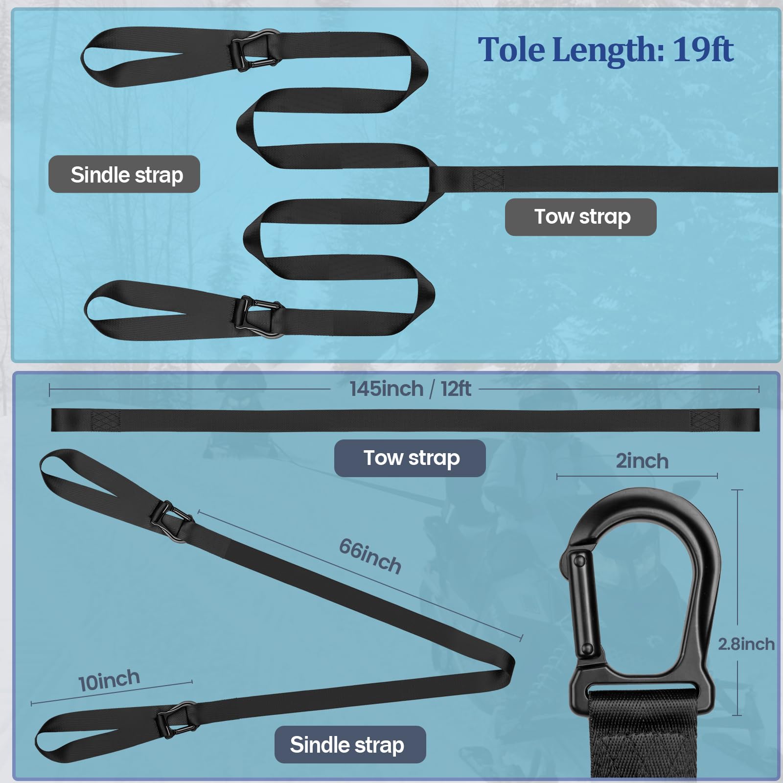 Botepon Snowmobile Tow Strap, 10ft Alloy Steel Hook Tow Rope, Quick Hook Up for Snowmobiles, ATVs, and Sleds
