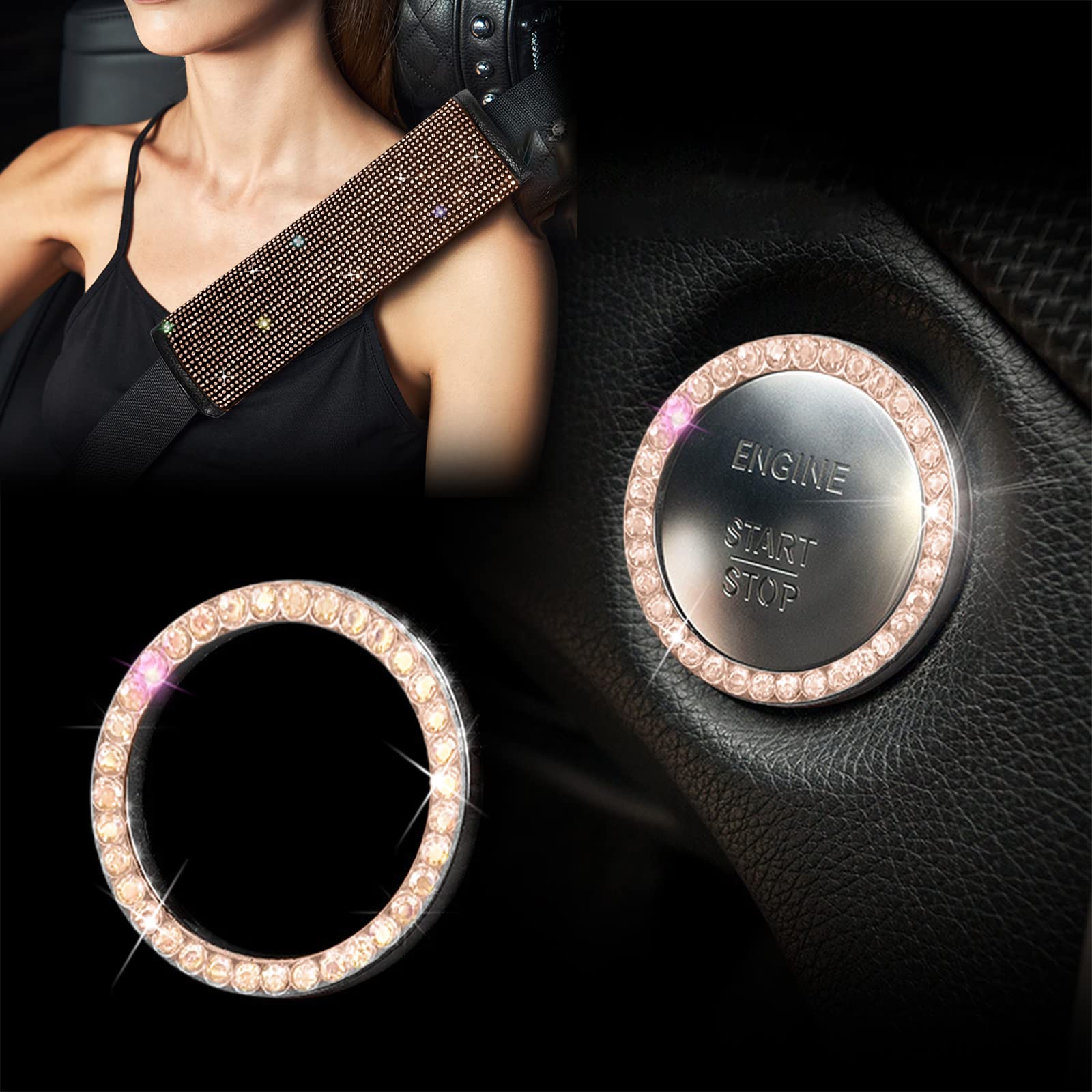JINGSEN Bling Car Accessories Set for Women, 11 Pcs Rhinestone Steering Wheel Cover & Center Console, Universal Fit, Champagne