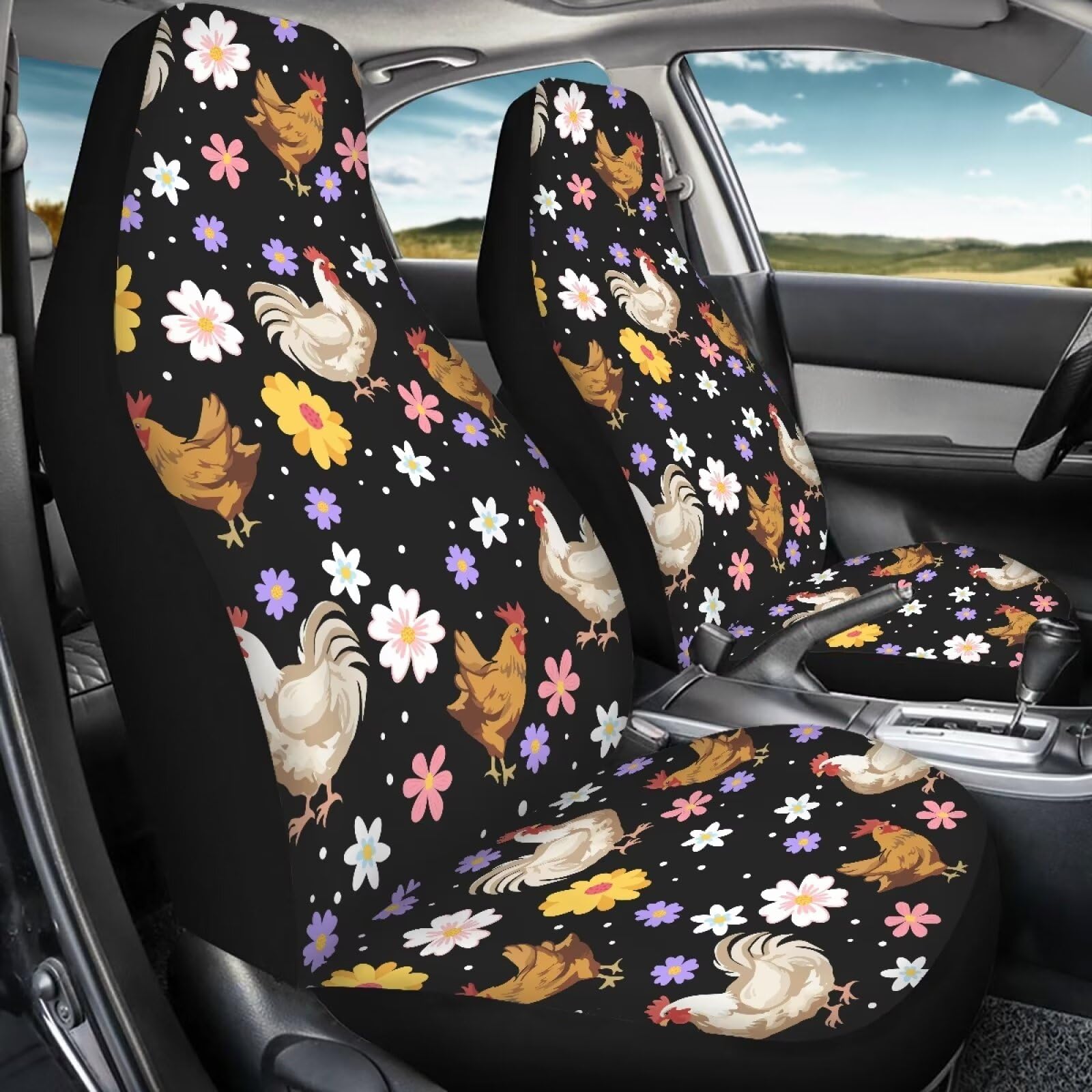 FUIBENG Car Seat Covers Set of 2, Breathable Polyester Protector, Groovy Flower and Chicken Design, Universal Fit for Front Seats