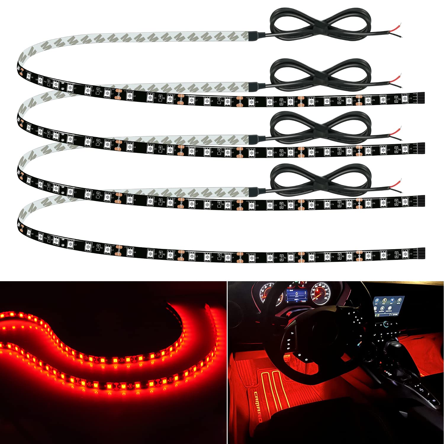 Car Led Strip Lights 24' Connectable Red 12V Led Light Strip For Cars Golf Cart Boat Marine Motorcycle Interior & Exterior Waterproof Led Strip, 4Pack
