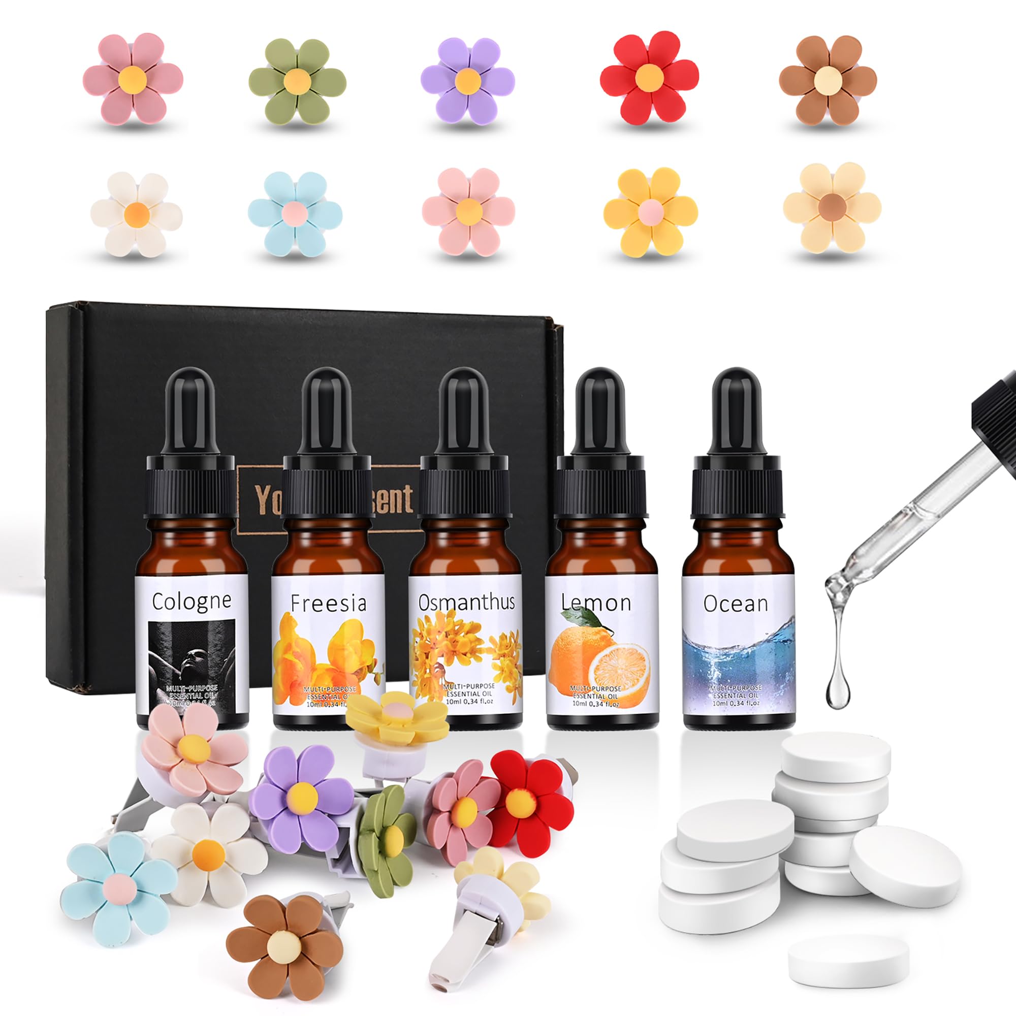 25 Pack Car Air Fresheners,10 PCS Flower Car Air Vent Clip with 5 Essential Oil Scents &10 Refill Pad,Cute Car Interior Accessor